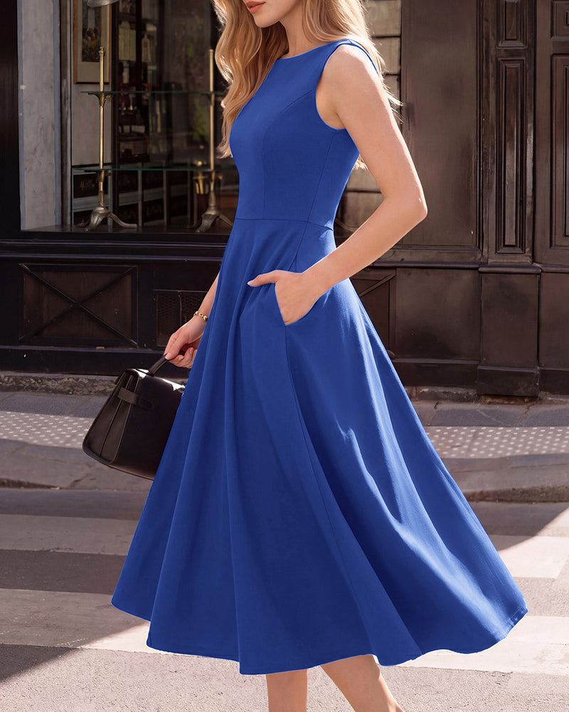 belle poque 1980s Vintage Women's Cocktail Dress Elegant A Line Midi Dresses with Pockets