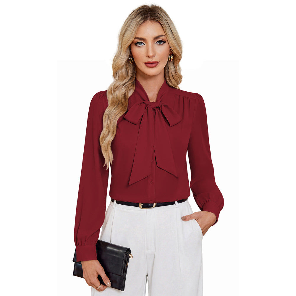 Women Vintage Long Sleeve Bow-Knot Decorated Button-up Tops