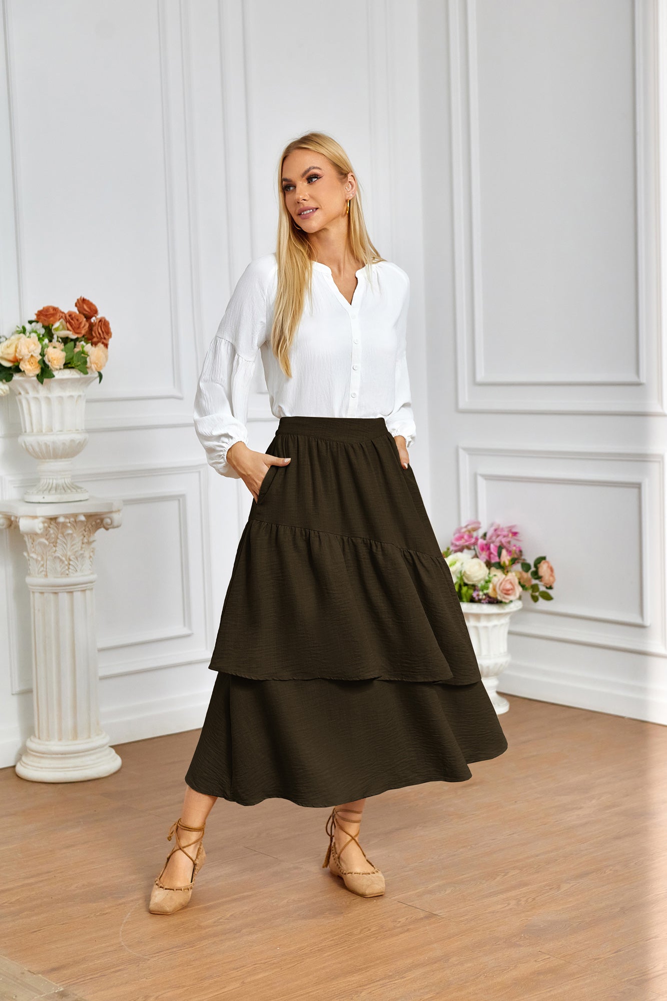 belle poque BP Women Vintage 2-Layer Swing Skirt Elastic High Waist Maxi Skirt