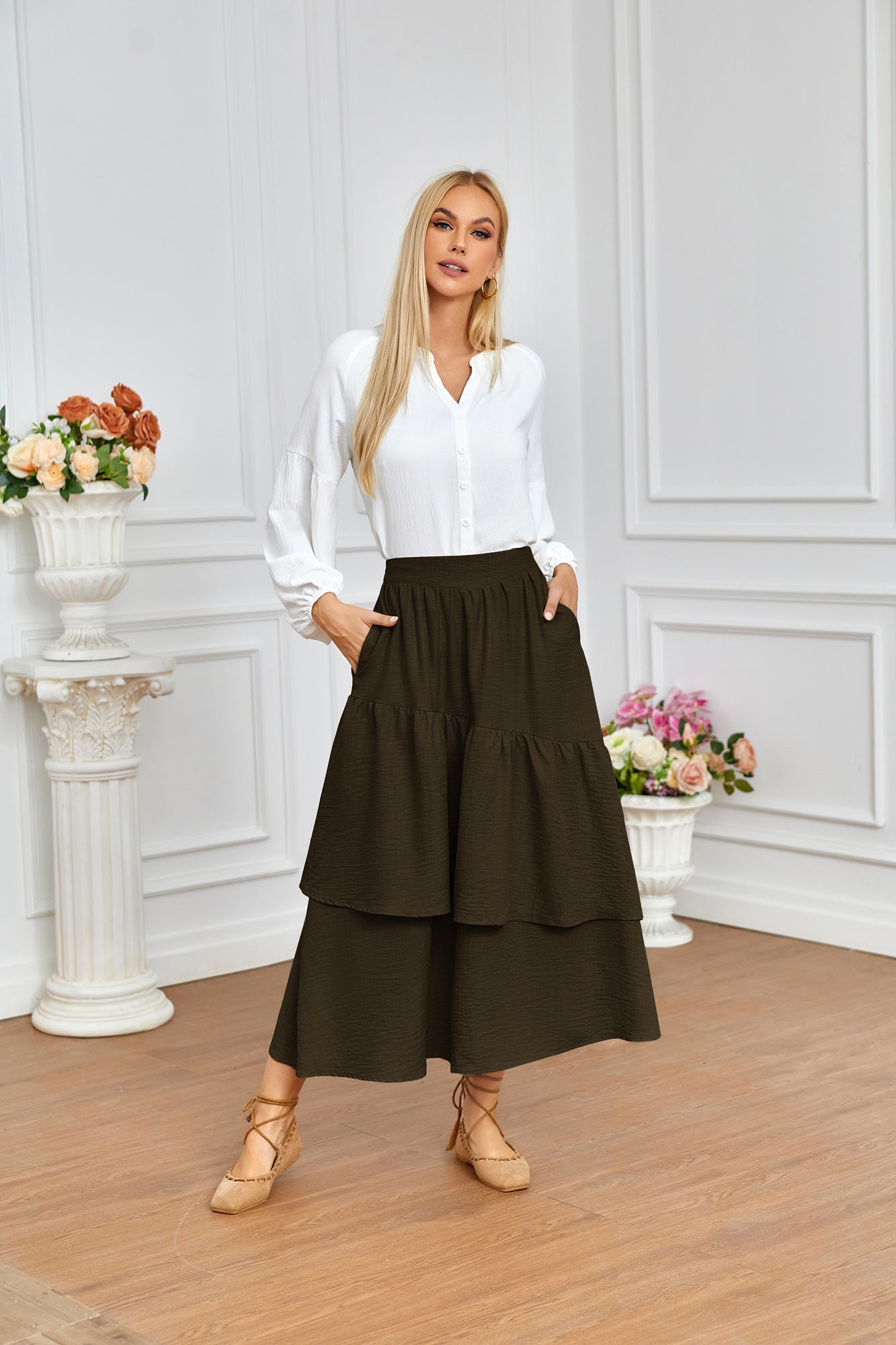 belle poque BP Women Vintage 2-Layer Swing Skirt Elastic High Waist Maxi Skirt