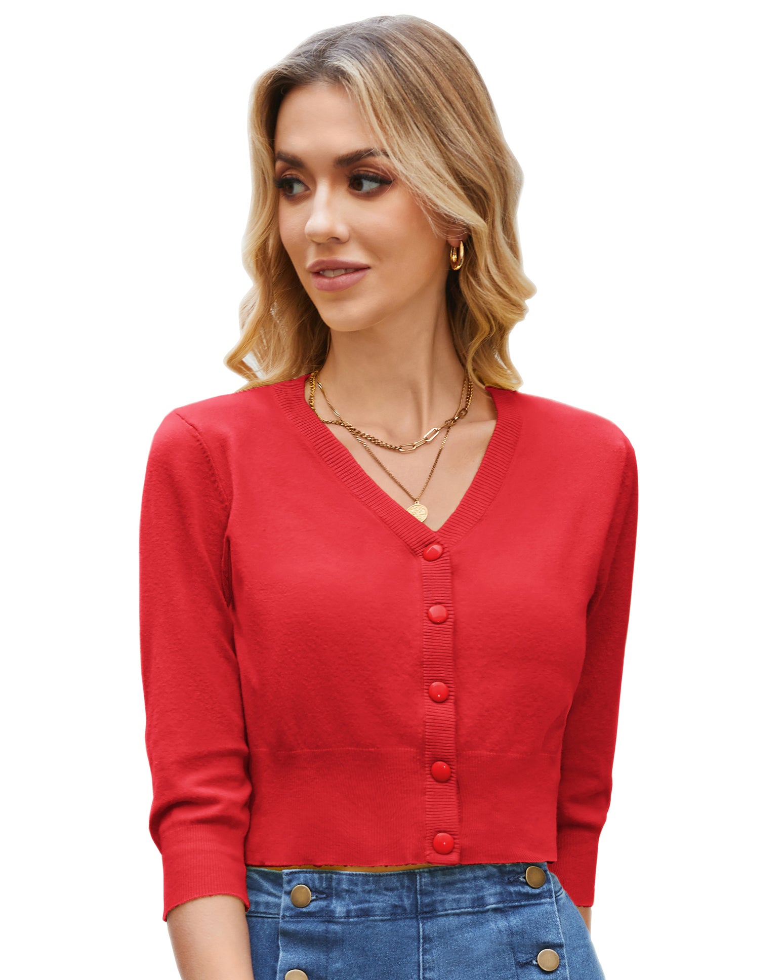 belle poque 3/4 Sleeve V-Neck Button Down Cherries Embroidery Cropped Cardigan Sweater Coat