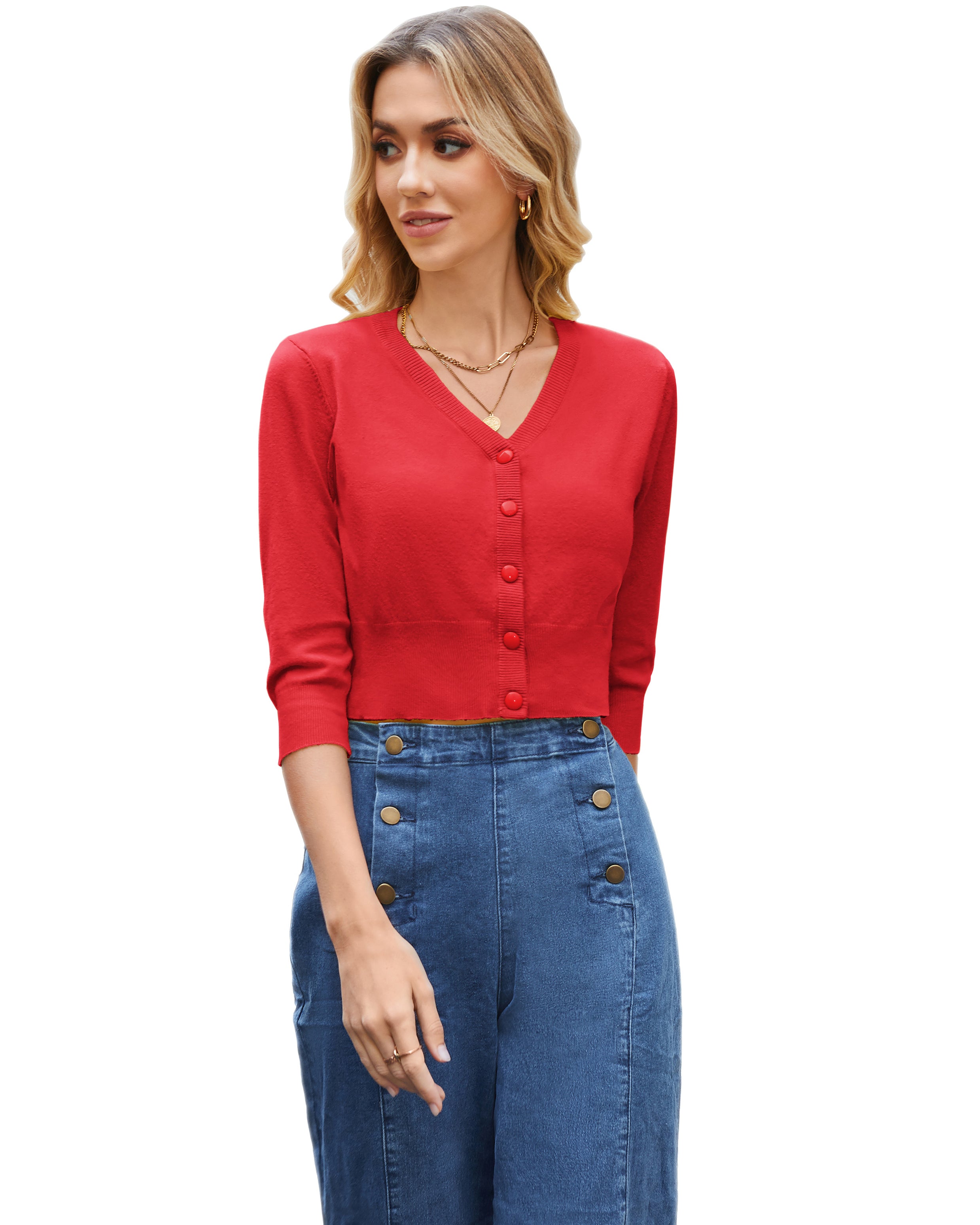 belle poque 3/4 Sleeve V-Neck Button Down Cherries Embroidery Cropped Cardigan Sweater Coat