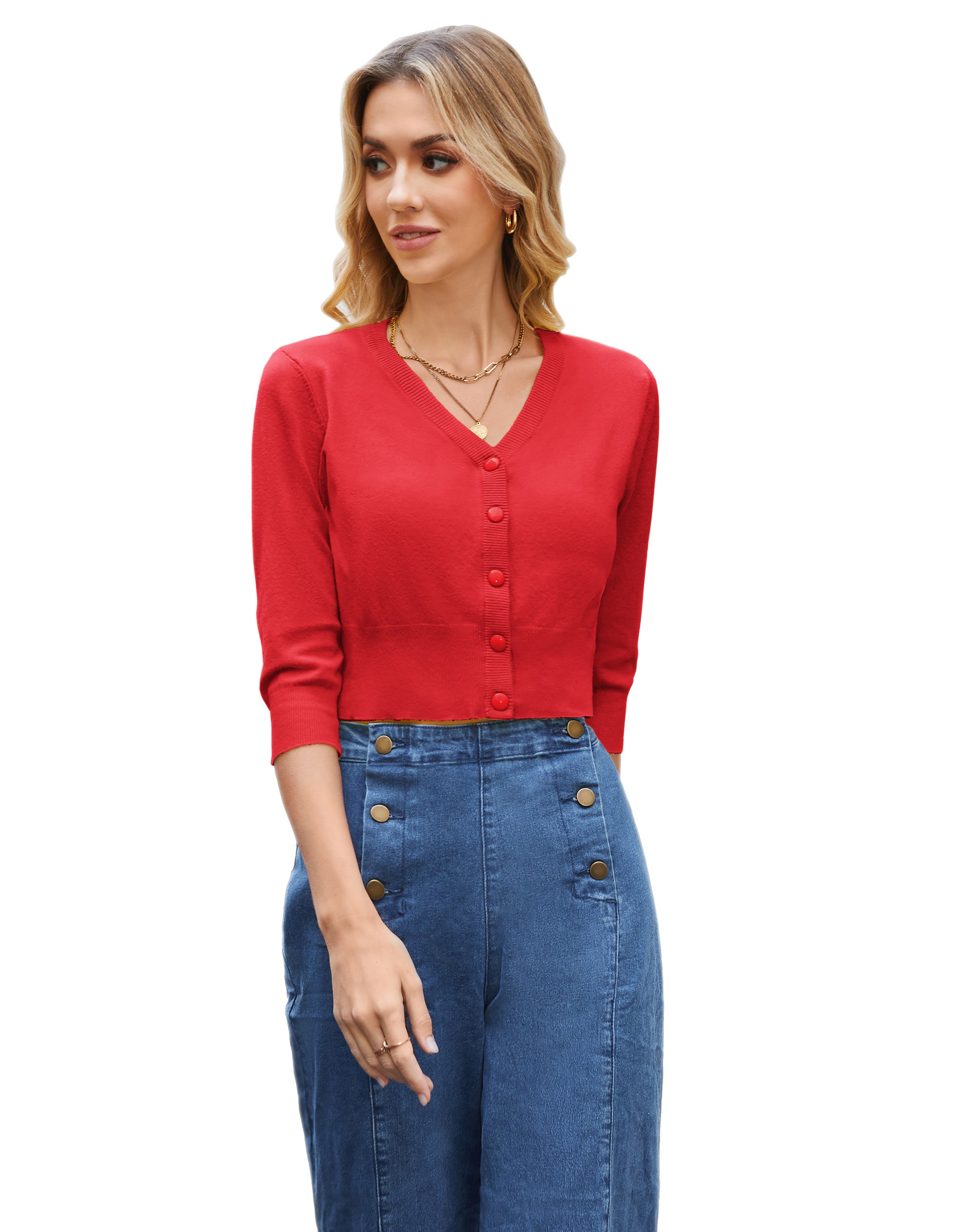 belle poque Women's 3/4 Sleeve Button Down Cherries Embroidery Cropped Cardigan Sweater Coat