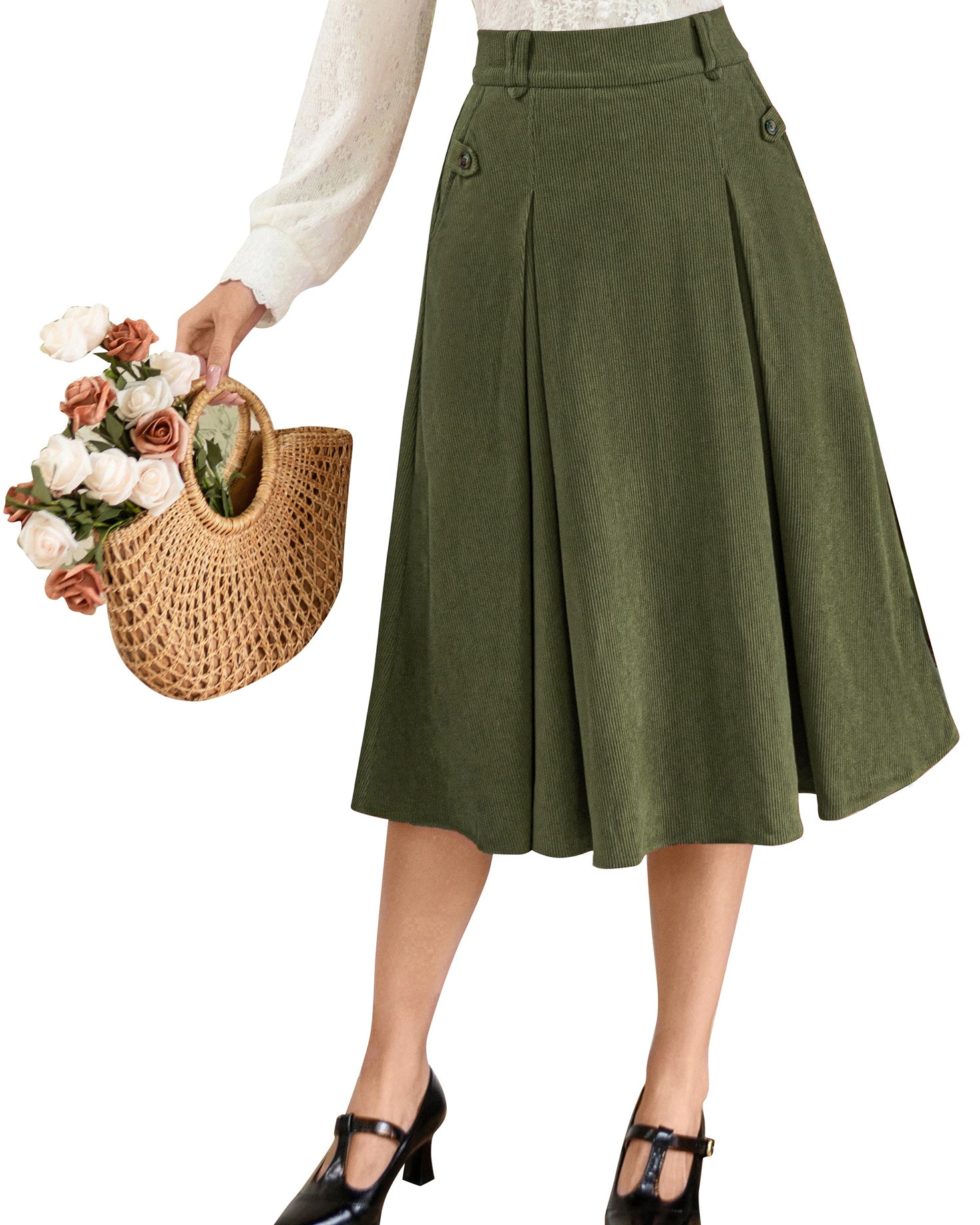 belle poque Vintage Swing Skirt Elastic Waist Flared A-Line Mid-Calf Skirt