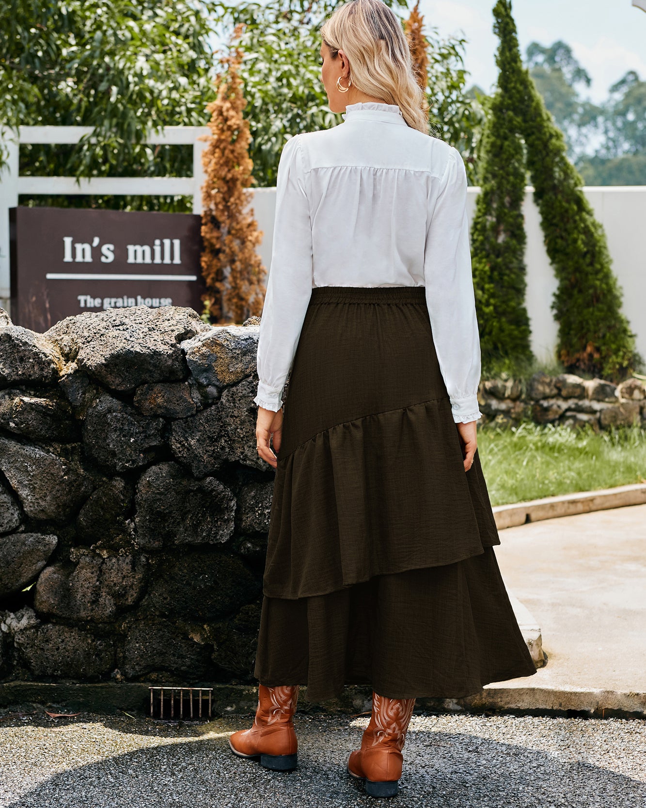 belle poque BP Women Vintage 2-Layer Swing Skirt Elastic High Waist Maxi Skirt