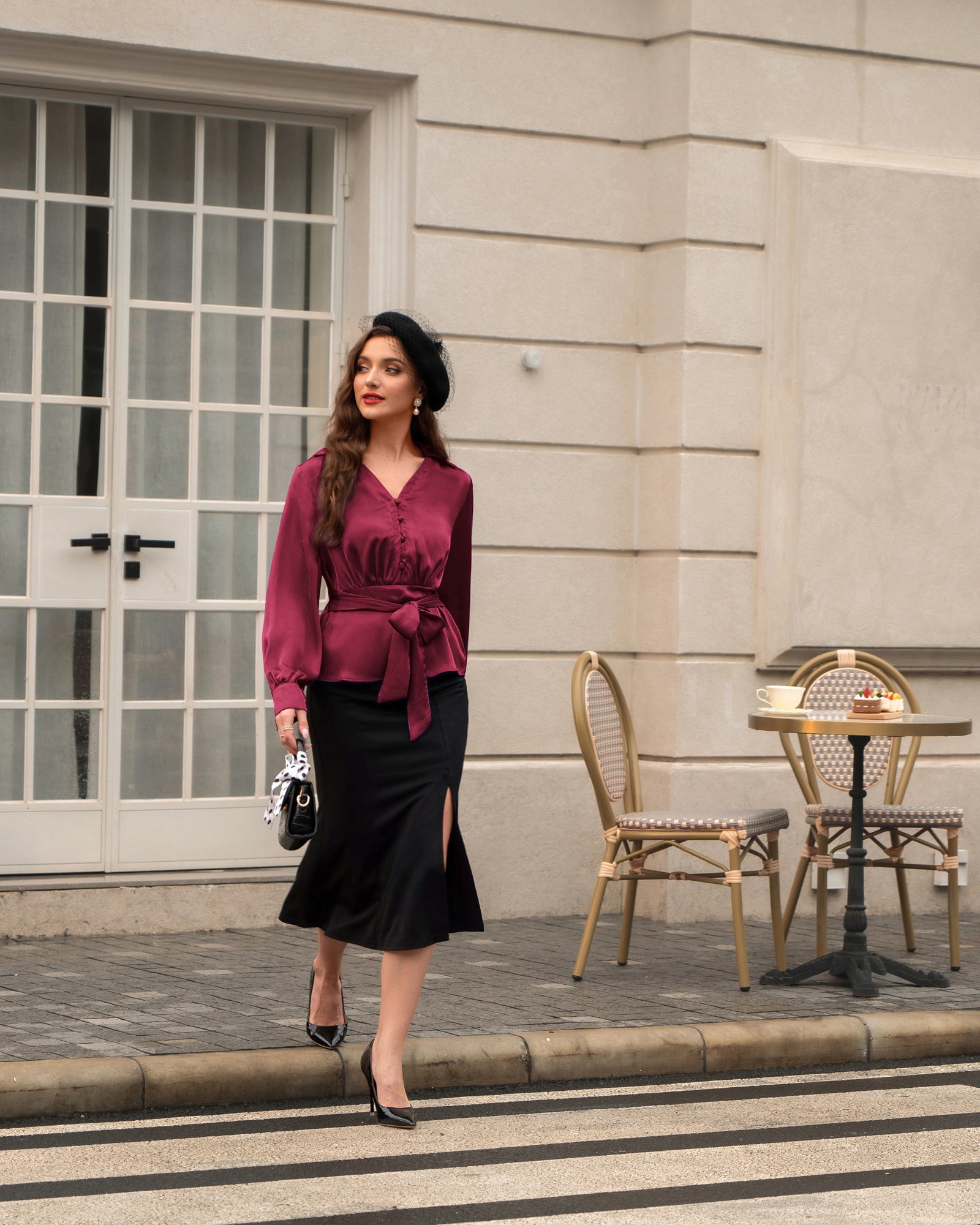 belle poque Vintage Elastic Waist Blouse Long Sleeve Lapel V-Neck Pullover Tops