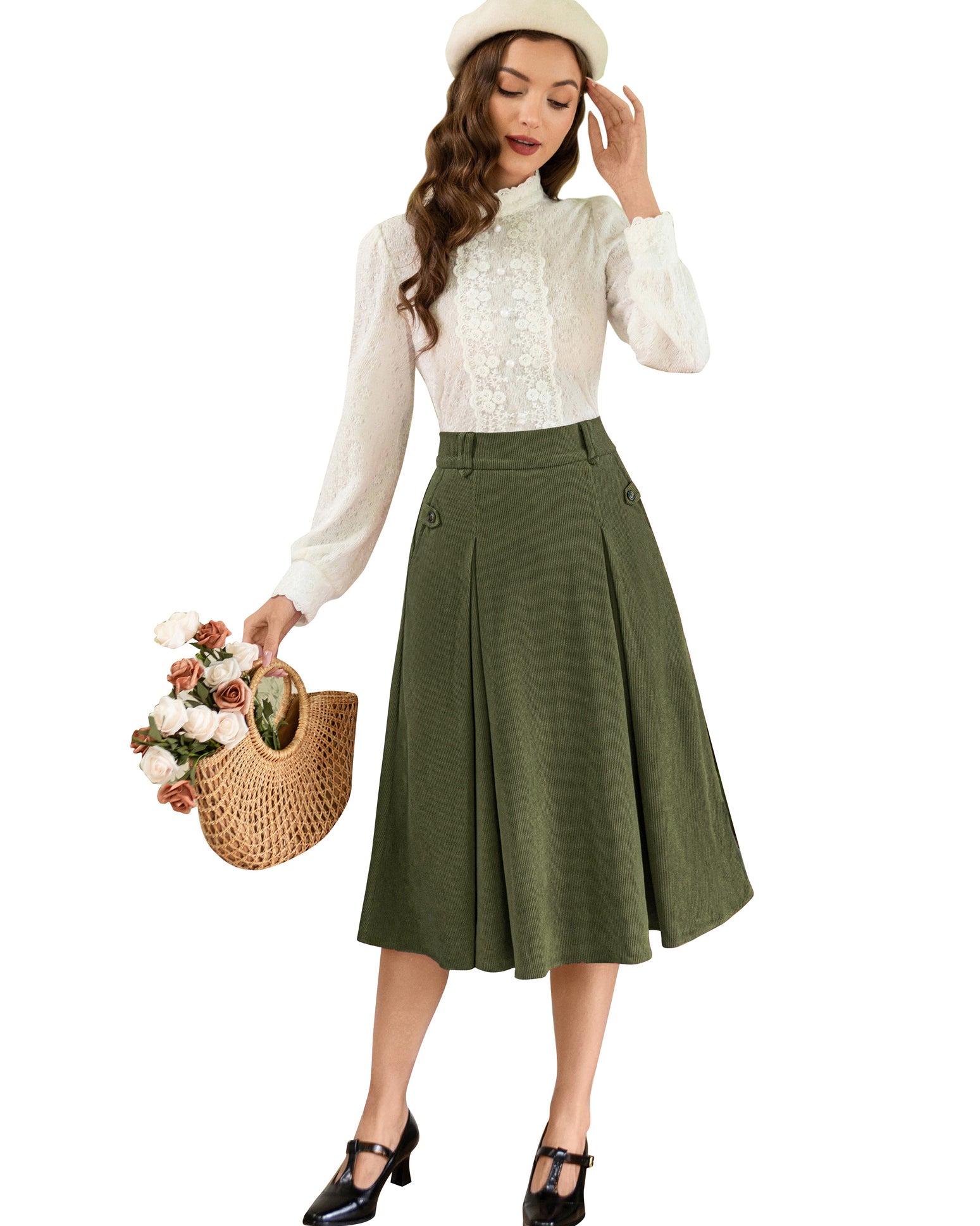 belle poque Vintage Swing Skirt Elastic Waist Flared A-Line Mid-Calf Skirt