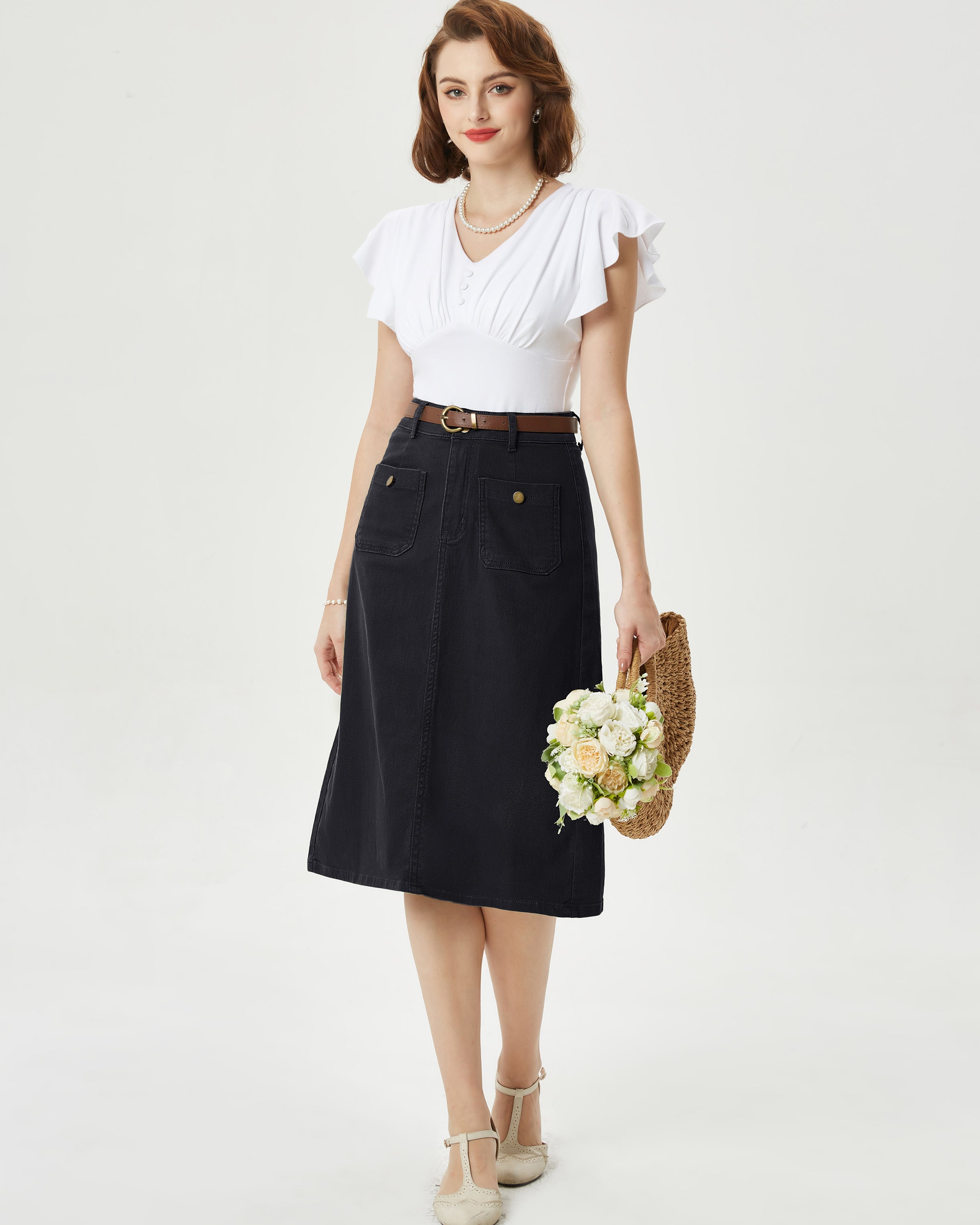 belle poque Denim Skirt with Belt Knee Length High Waisted Jean Skirts for Women