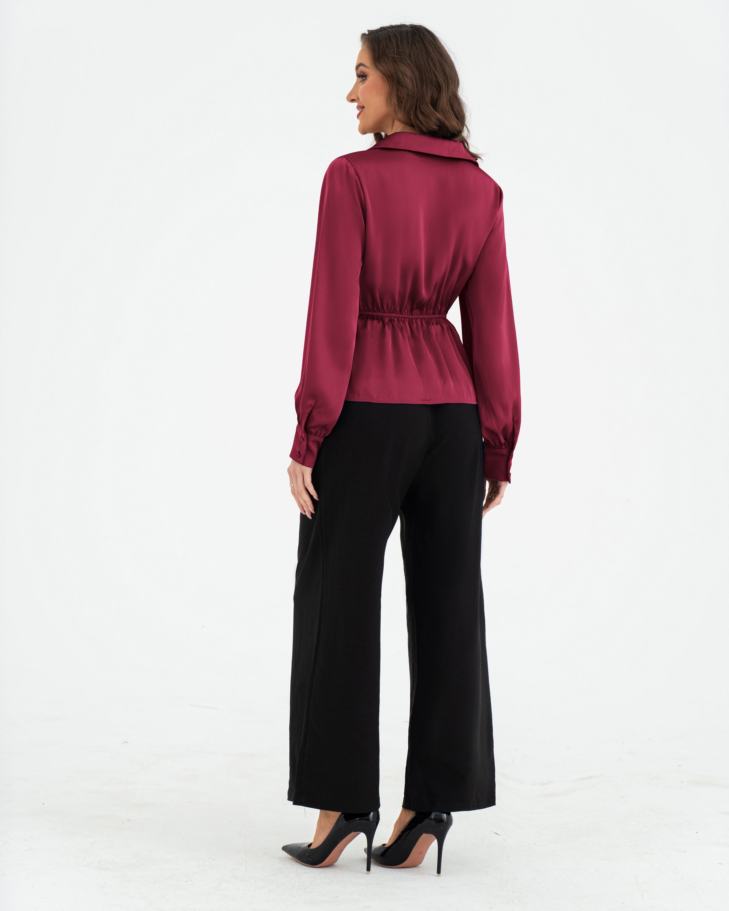 belle poque Vintage Elastic Waist Blouse Long Sleeve Lapel V-Neck Pullover Tops