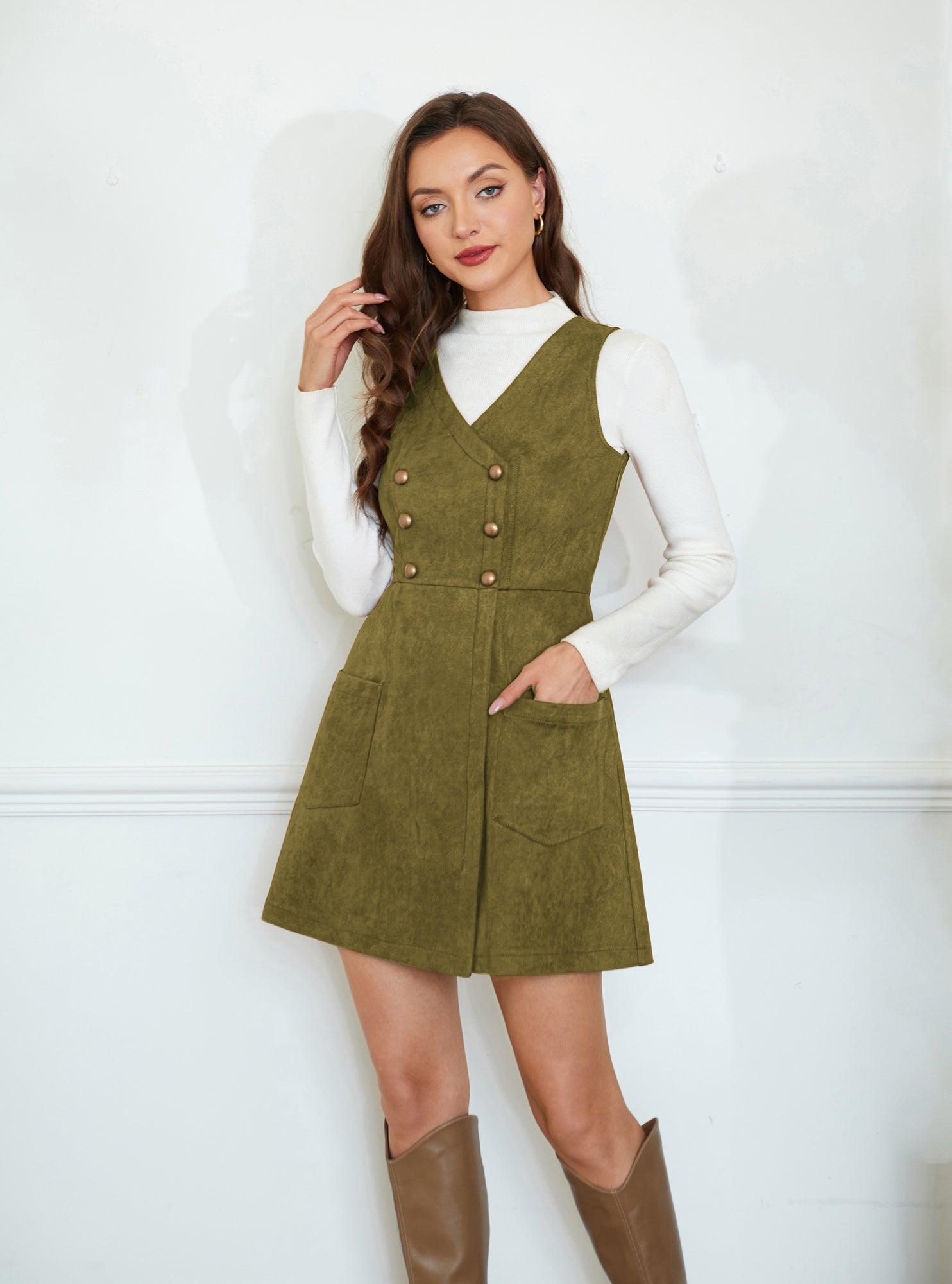 belle poque Vintage Faux Suede Dress Sleeveless V-Neck Elastic Waist A-Line Dress