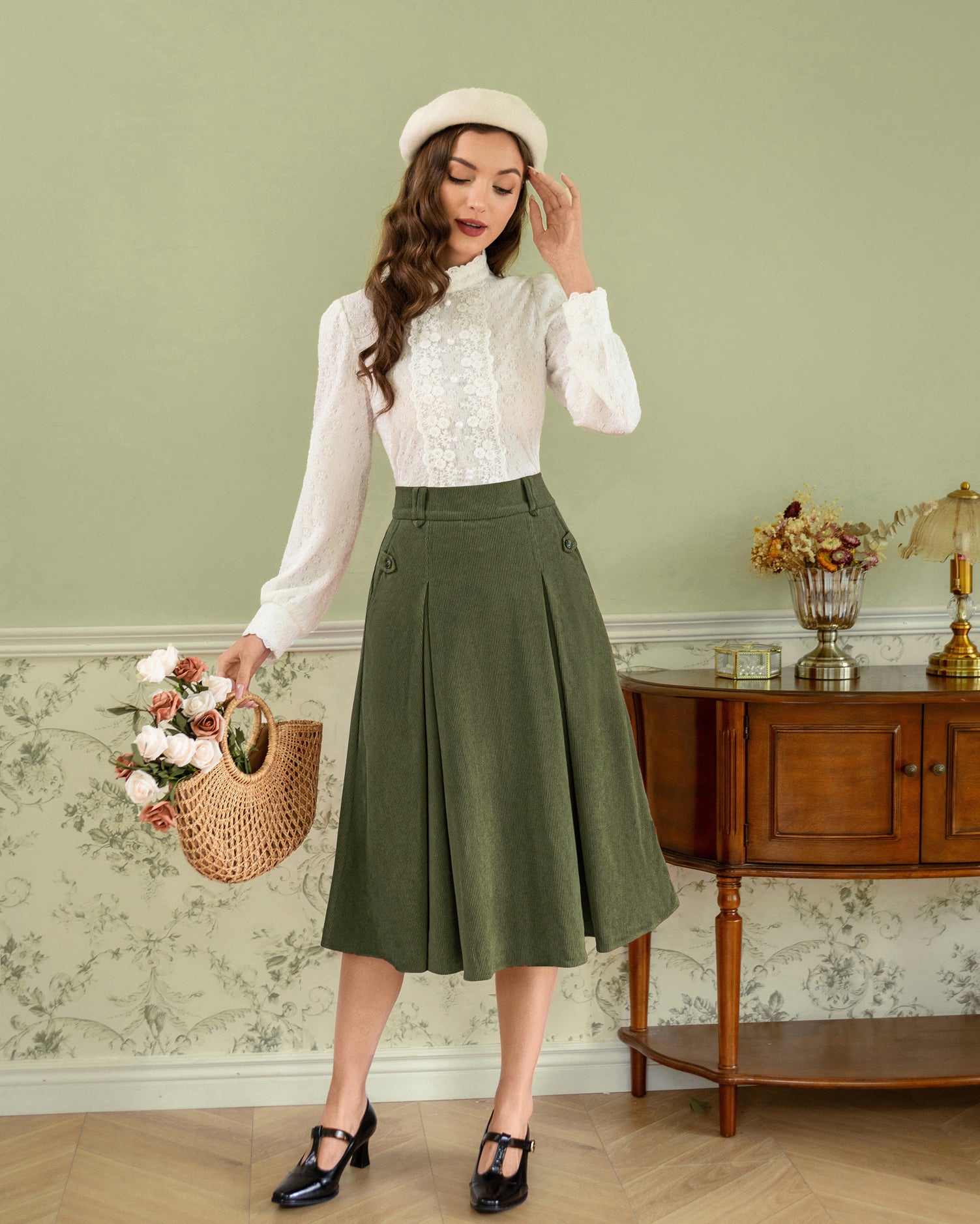 belle poque Vintage Swing Skirt Elastic Waist Flared A-Line Mid-Calf Skirt