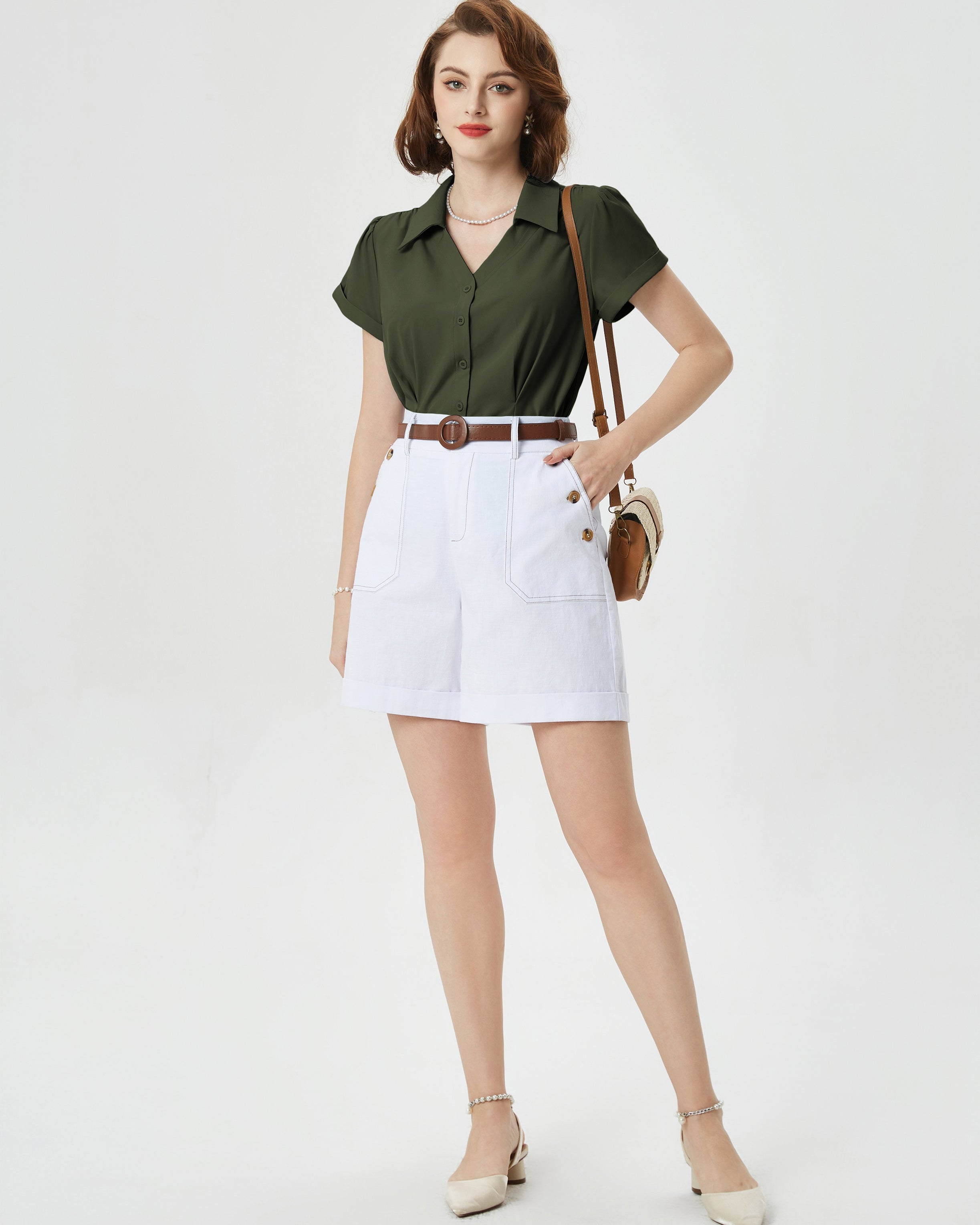 belle poque Short Sleeve Button Down Polka Dot Patterns Shirts Vintage Shirts Business Blouse Tops