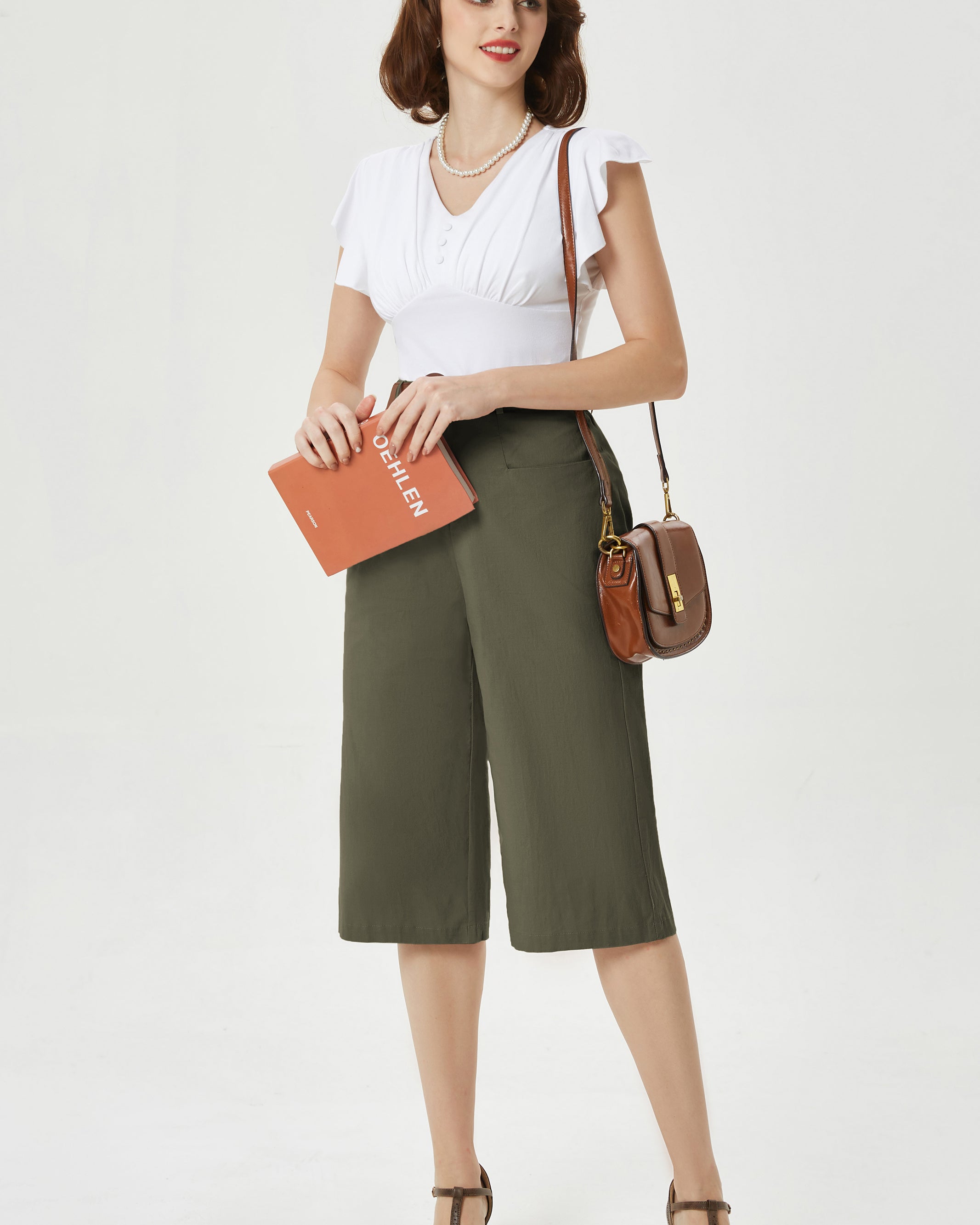 belle poque Casual Capris Summer High Wiasted Wide Leg Capris with Pockets & Belt