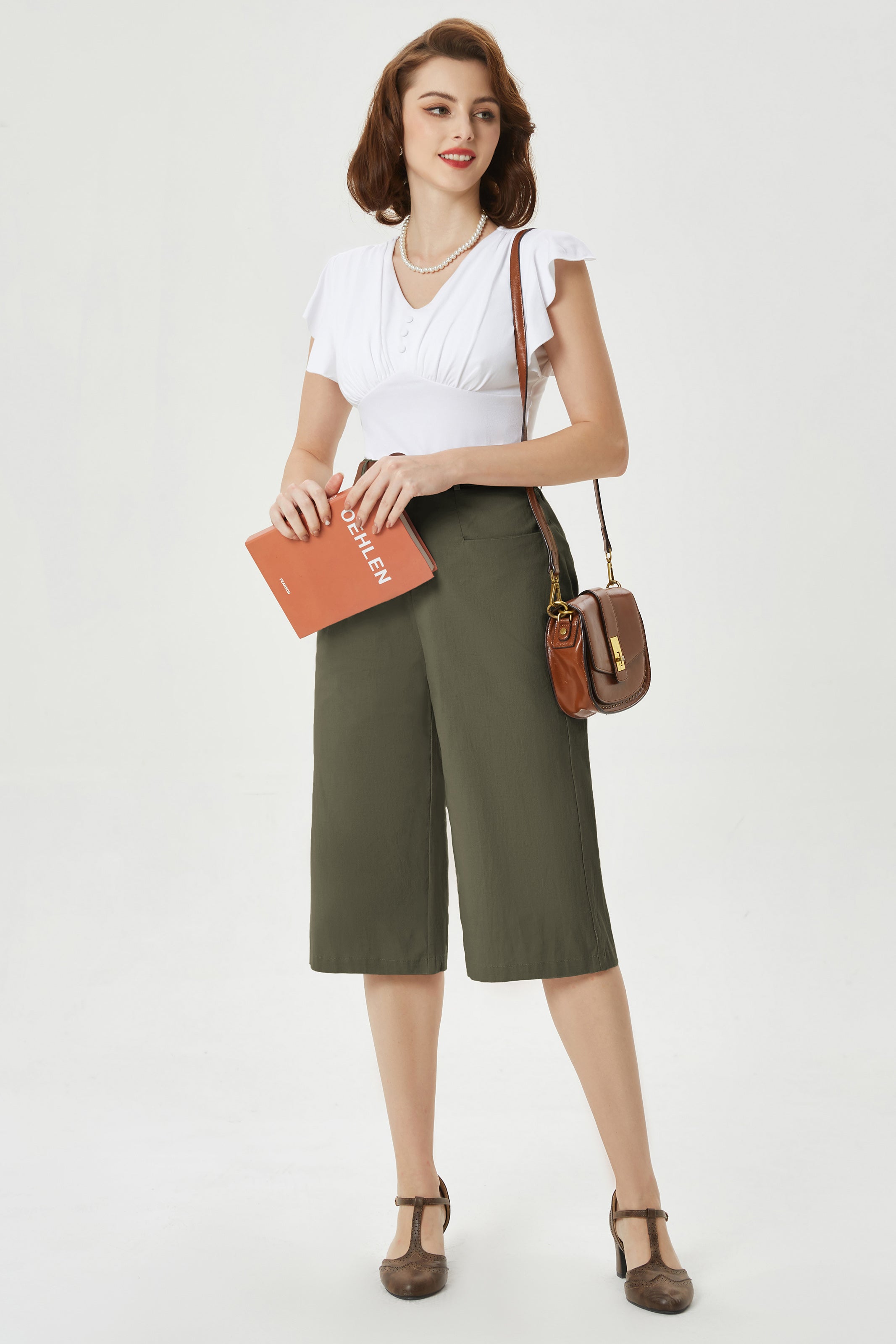 belle poque Casual Capris Summer High Wiasted Wide Leg Capris with Pockets & Belt