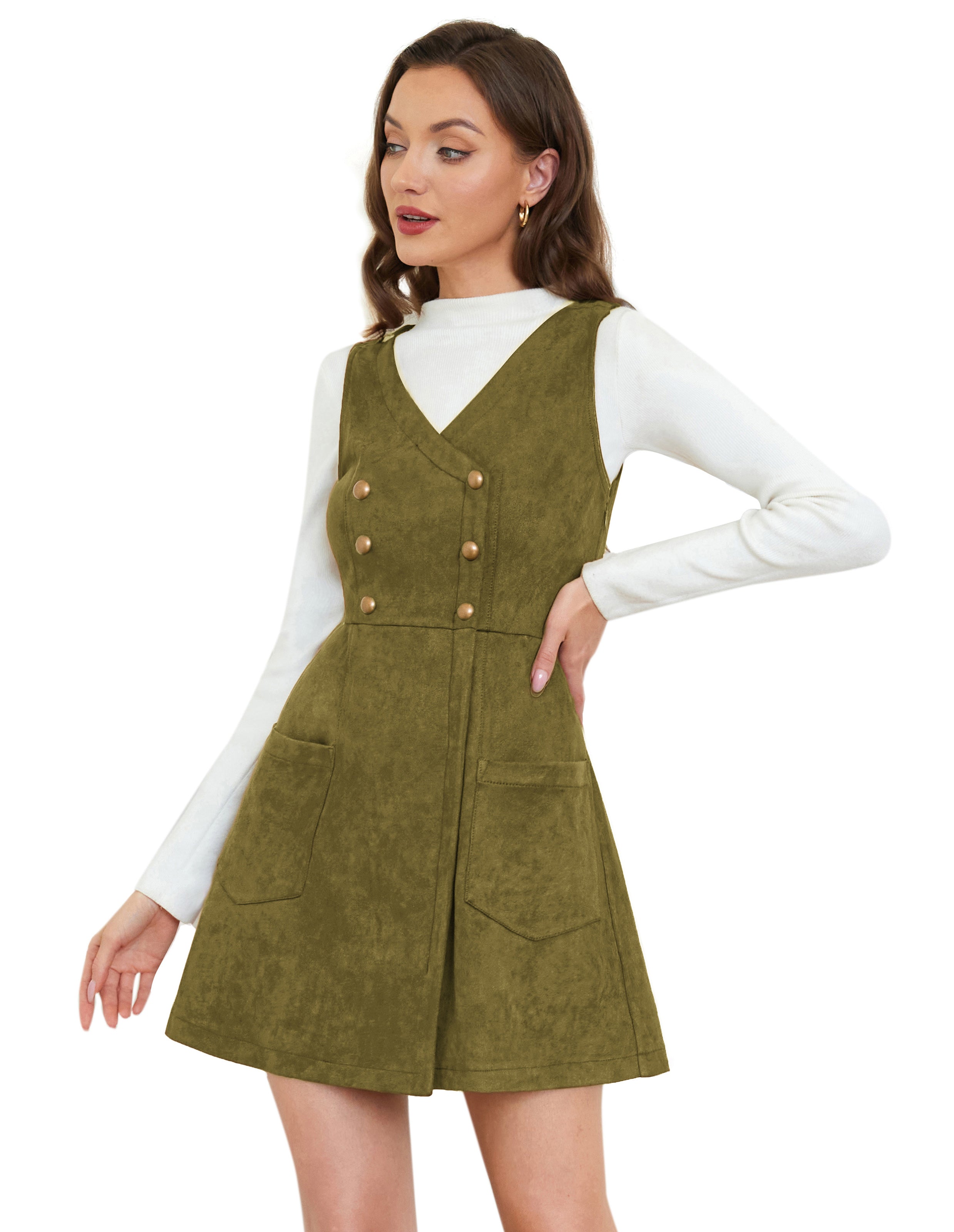 belle poque Vintage Faux Suede Dress Sleeveless V-Neck Elastic Waist A-Line Dress