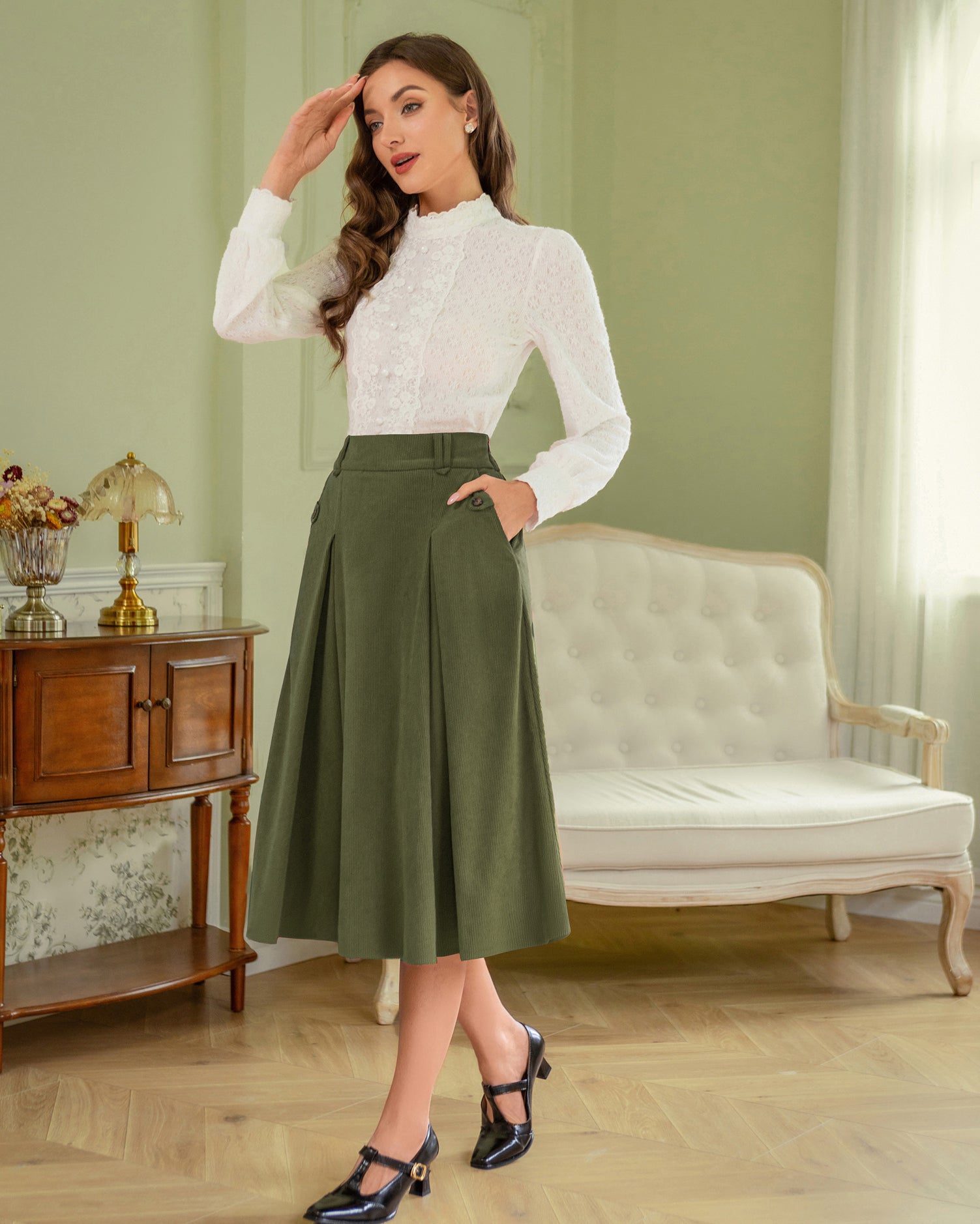 belle poque Vintage Swing Skirt Elastic Waist Flared A-Line Mid-Calf Skirt