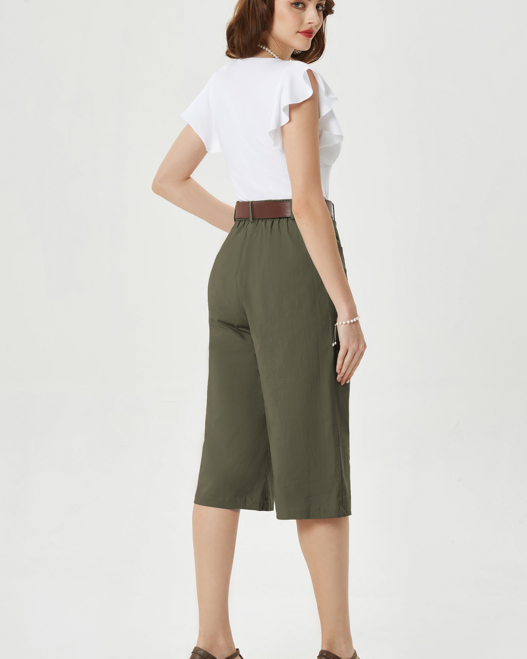 belle poque Casual Capris Summer High Wiasted Wide Leg Capris with Pockets & Belt