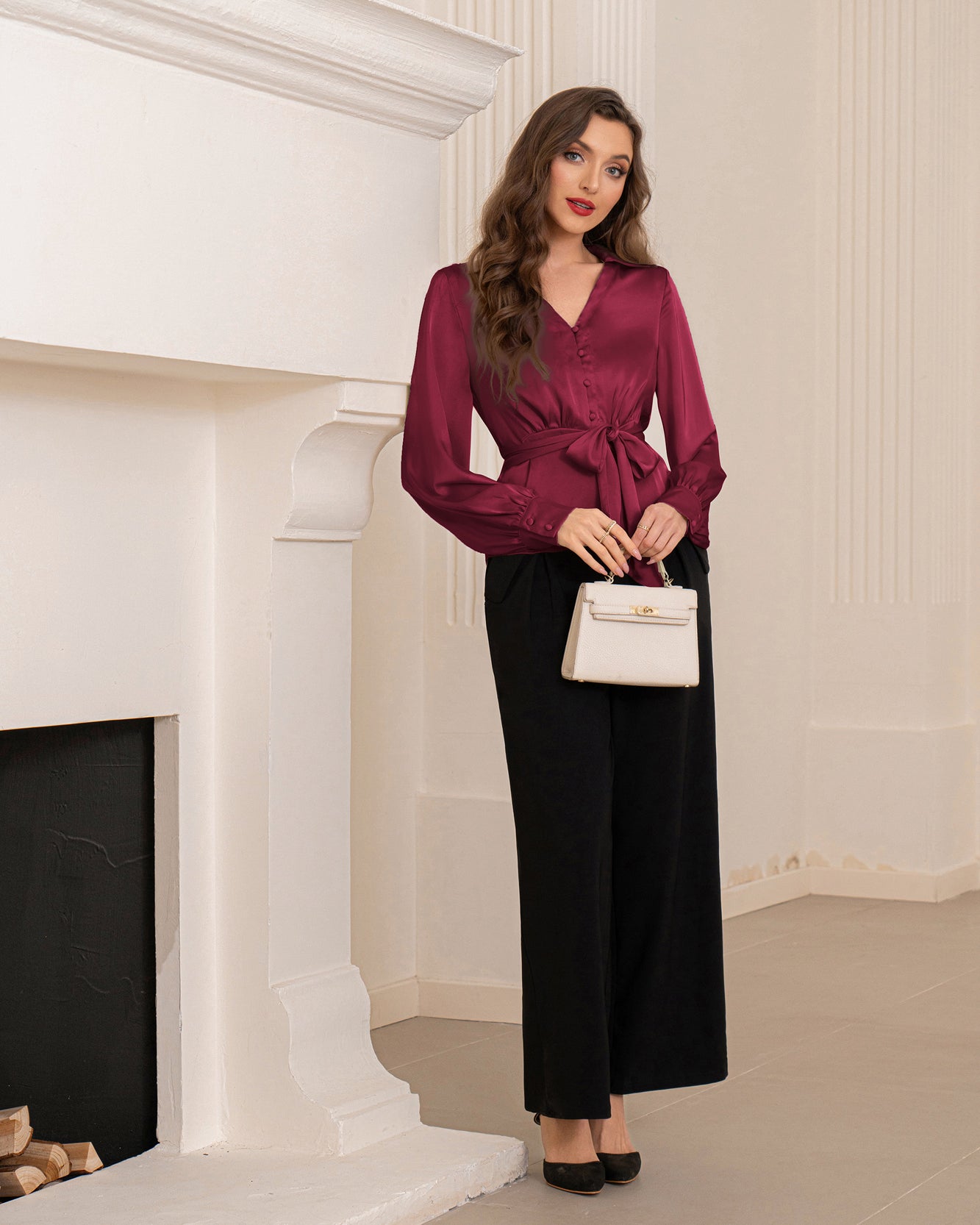 belle poque Vintage Elastic Waist Blouse Long Sleeve Lapel V-Neck Pullover Tops