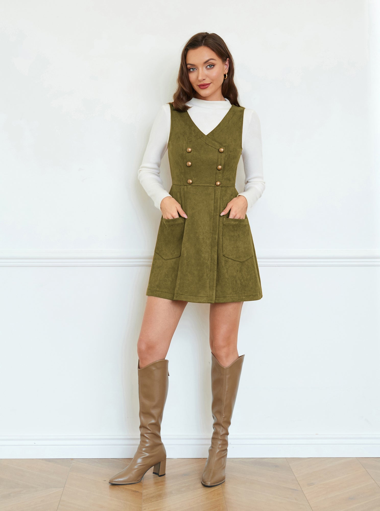 belle poque Vintage Faux Suede Dress Sleeveless V-Neck Elastic Waist A-Line Dress