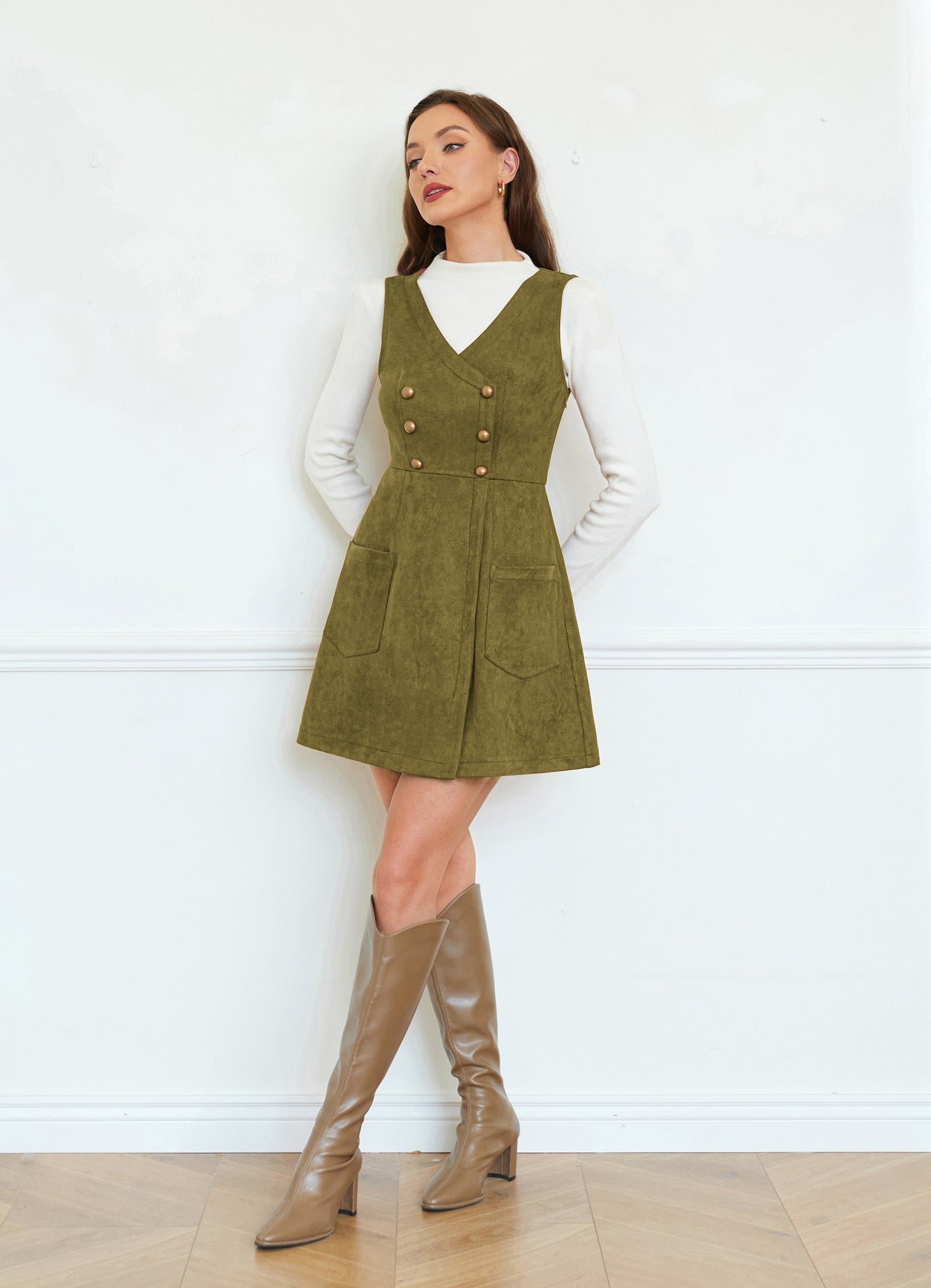 belle poque Vintage Faux Suede Dress Sleeveless V-Neck Elastic Waist A-Line Dress