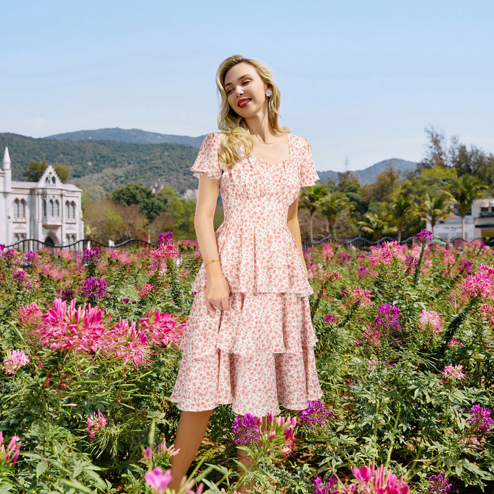 belle poque Vintage Dress 2026 Summer Layered Tiered Ruffle Swing Midi Dress