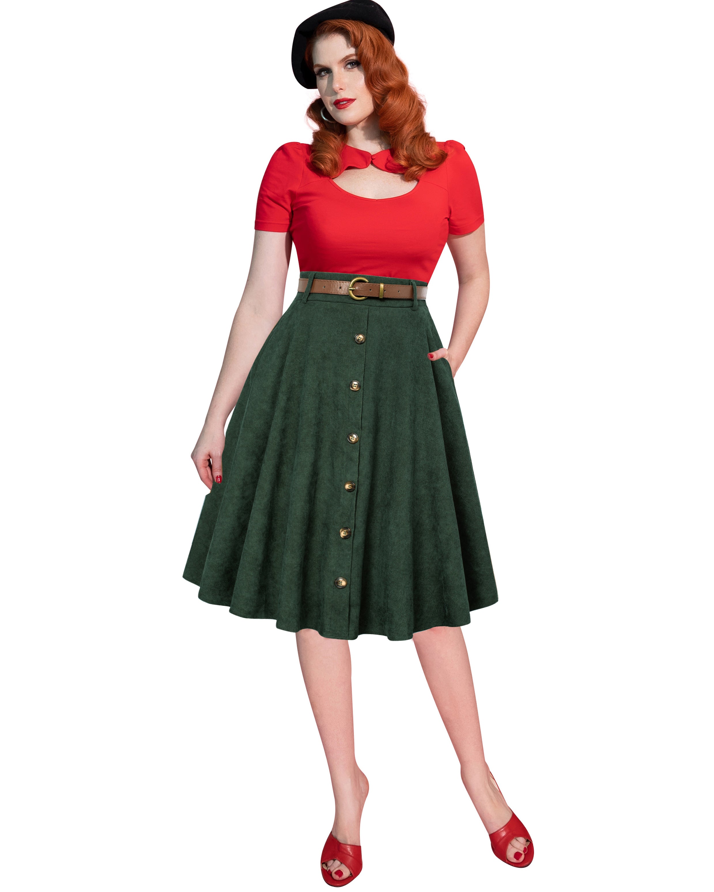 belle poque Corduroy Skirt with Belt Elastic High Waist Mid-Calf Swing Skirt
