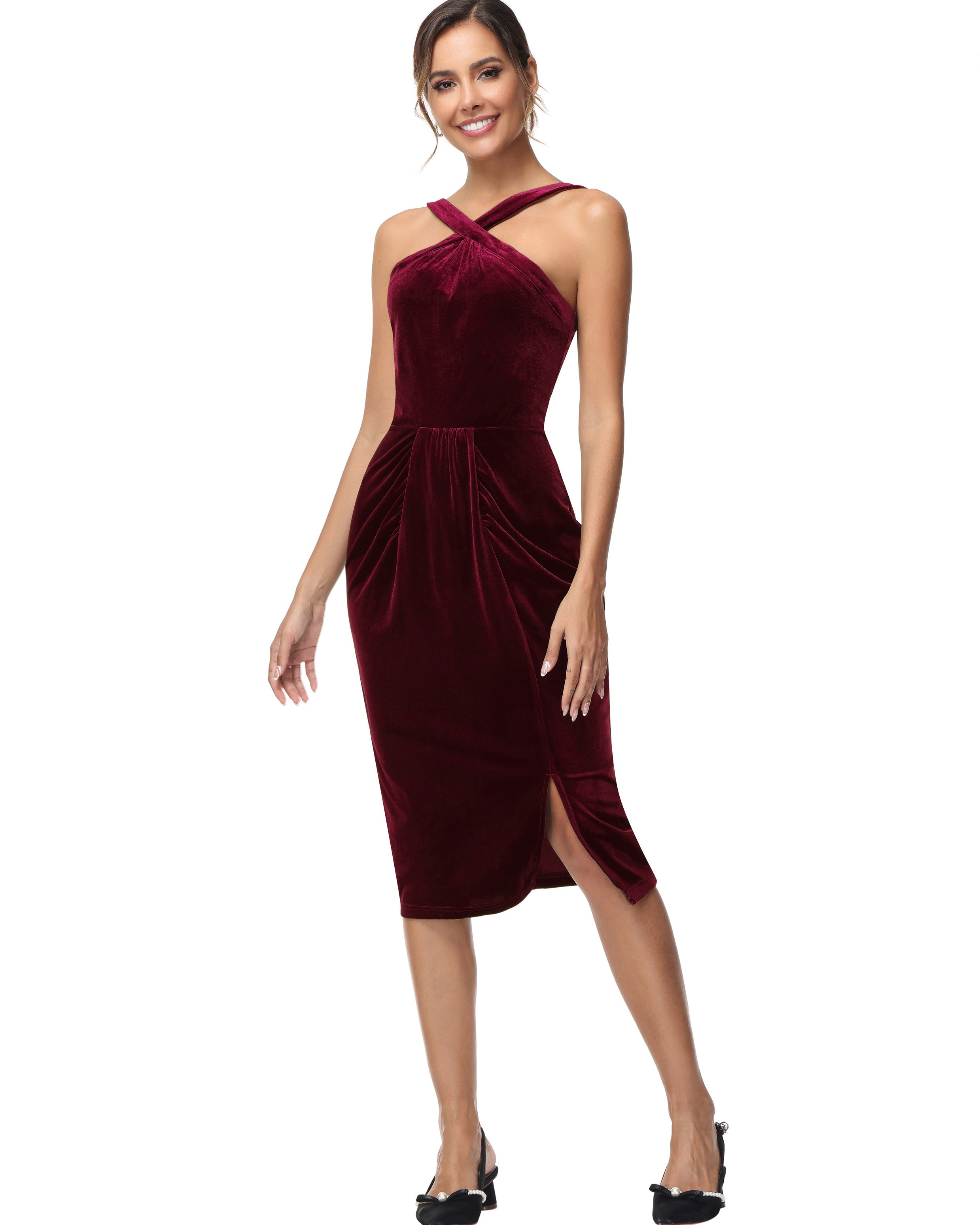 belle poque Vintage Front Slit Velvet Dress Halterneck Ruched Bodycon Dress