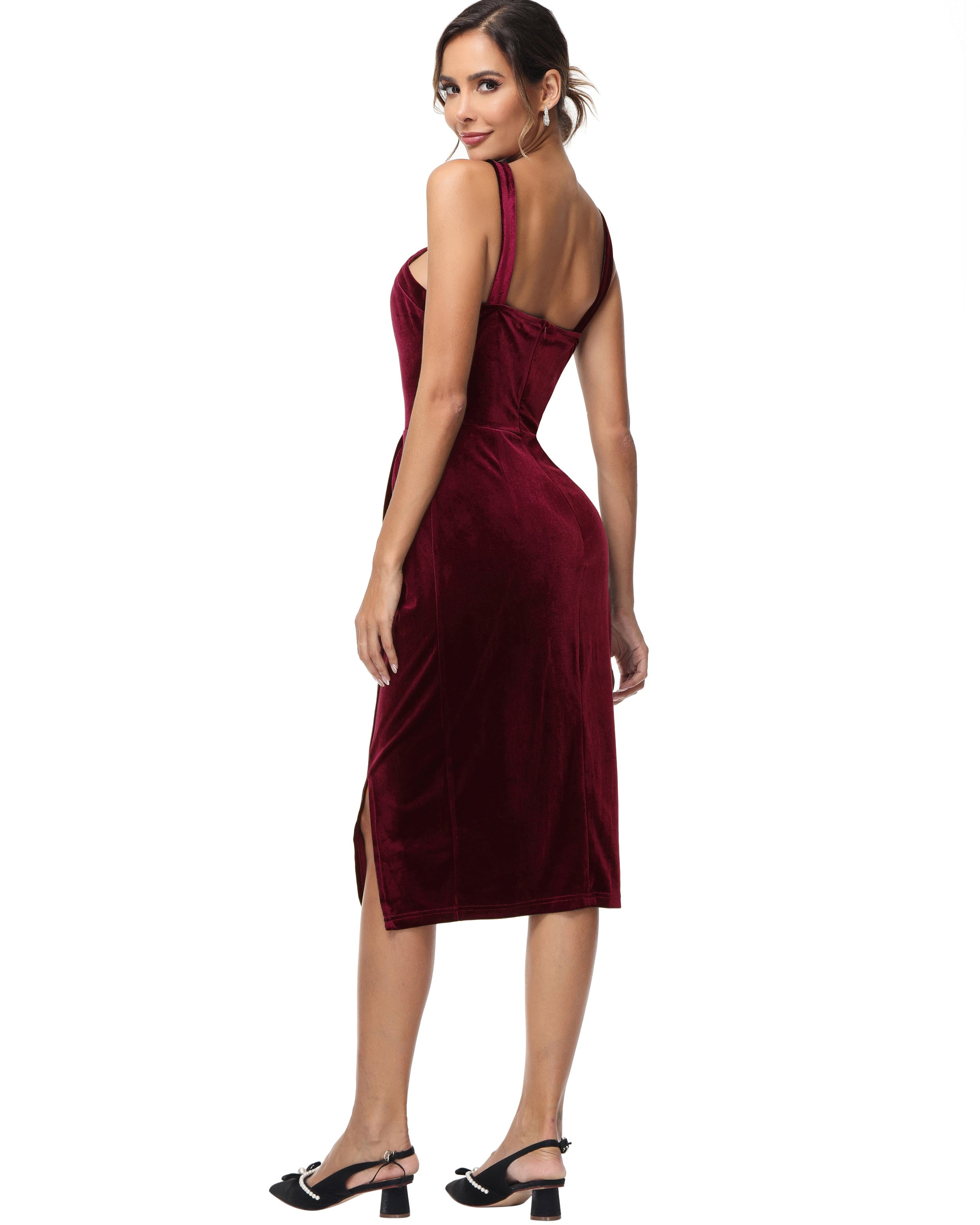 belle poque Vintage Front Slit Velvet Dress Halterneck Ruched Bodycon Dress