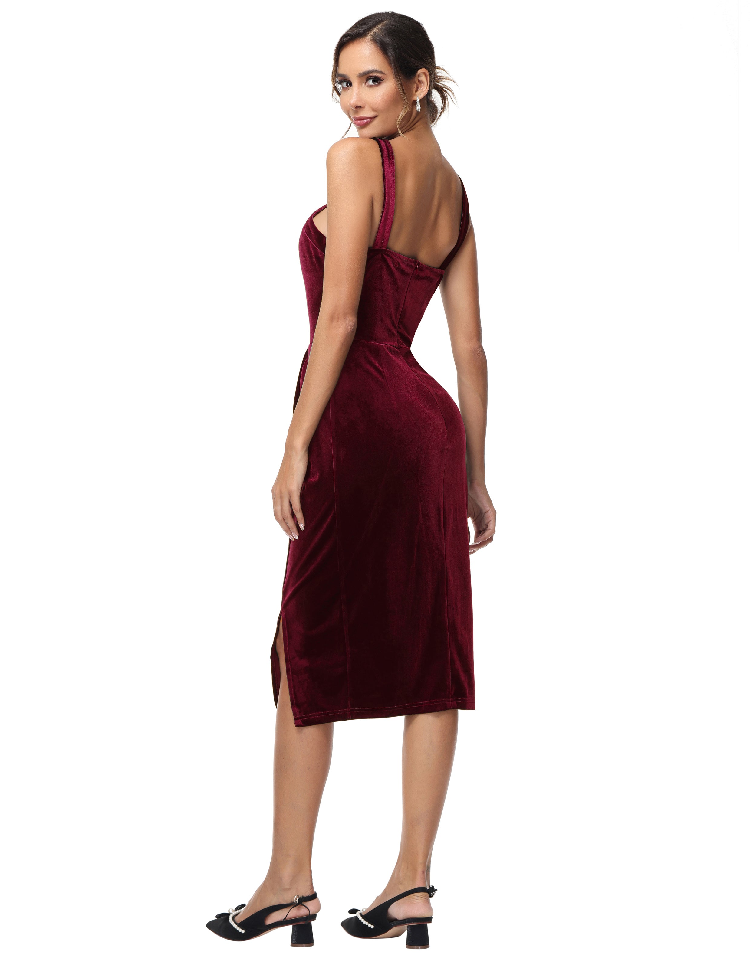 belle poque Vintage Front Slit Velvet Dress Halterneck Ruched Bodycon Dress