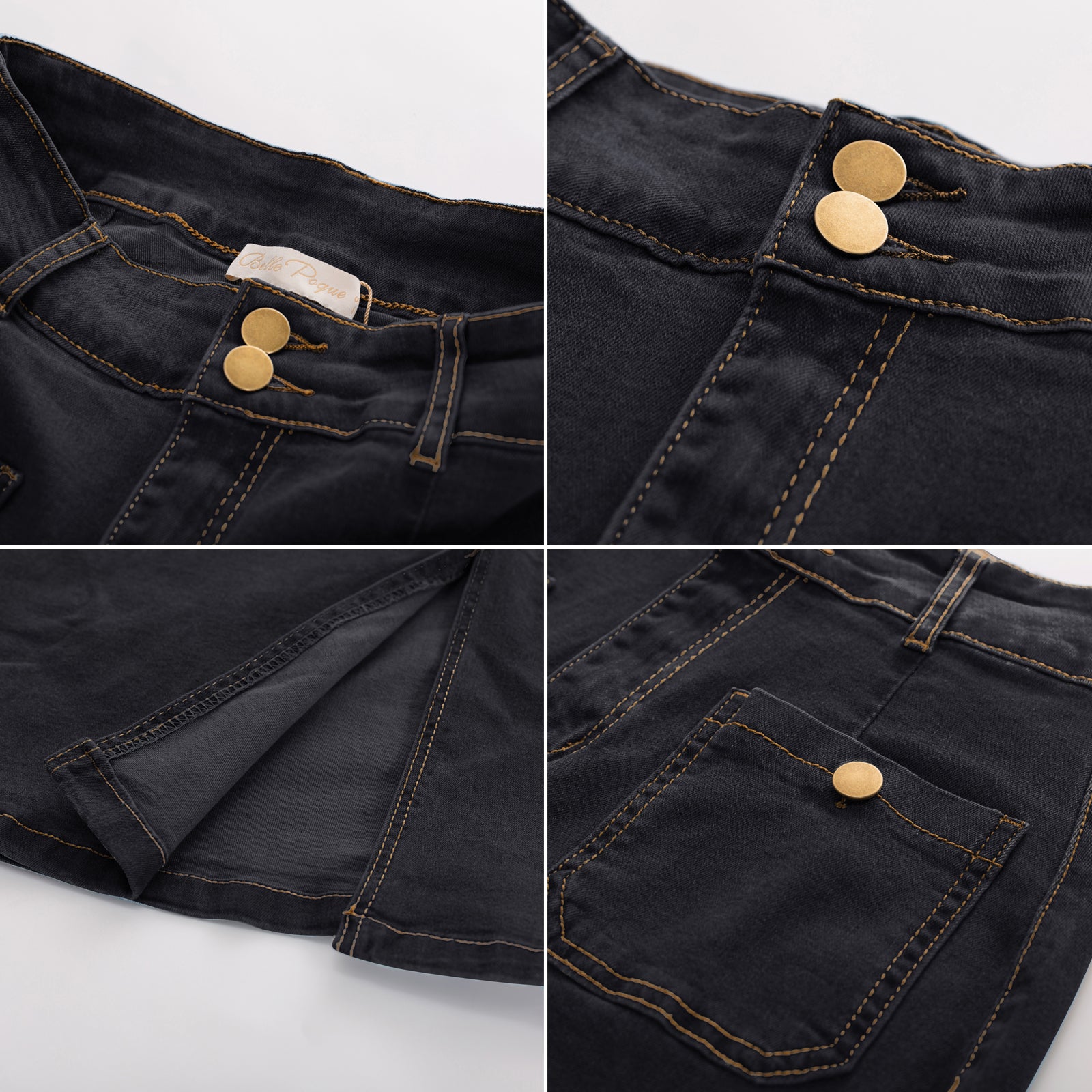 belle poque Denim Skirt with Belt Knee Length High Waisted Jean Skirts for Women