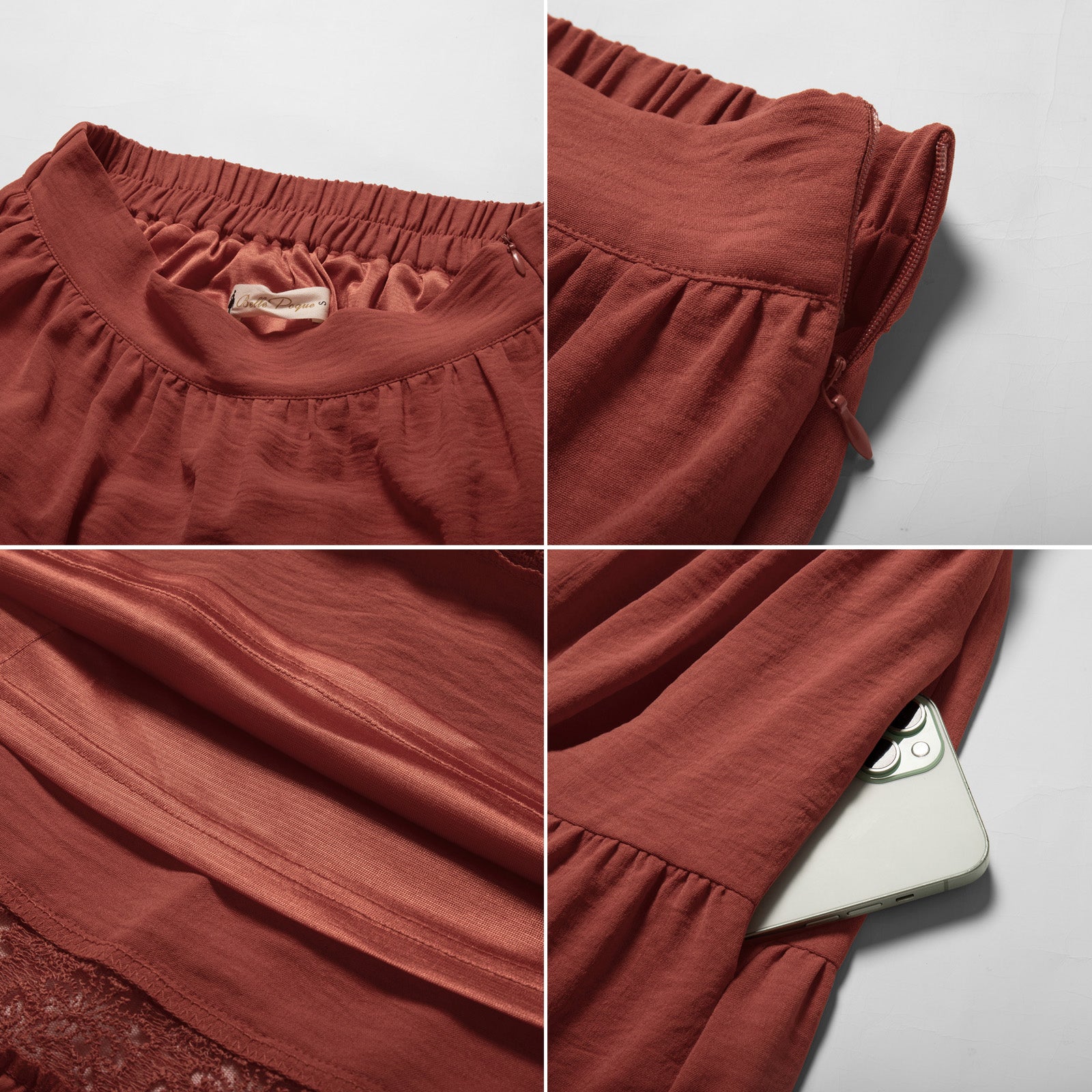 belle poque Women Vintage Tiered Swing Skirt Elastic Waist Ruffled Hem Mid-Calf Skirt