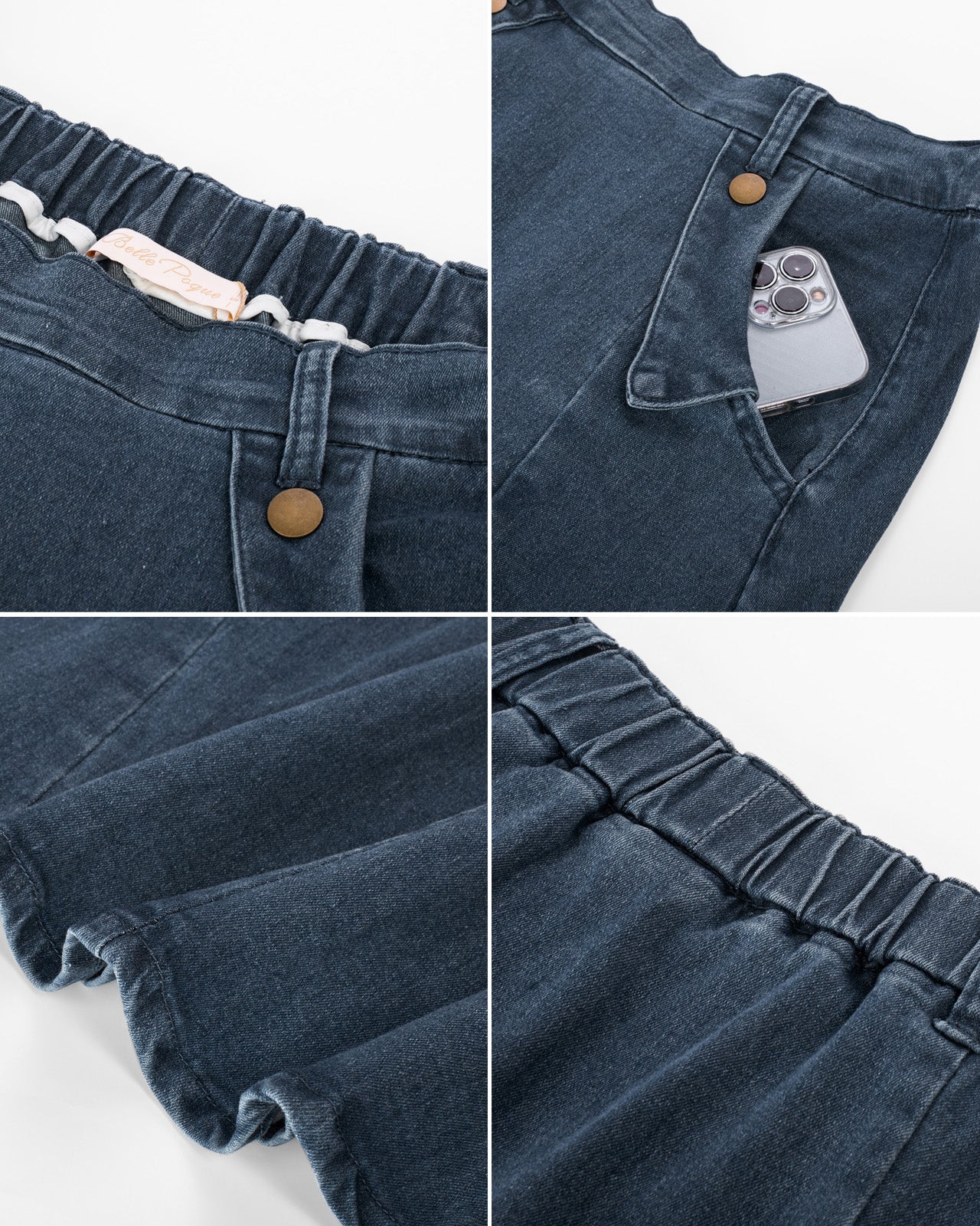 belle poque Denim Skirts Knee Length Vintage Elastic High Waist A-Line Midi Jean Skirts with Pockets