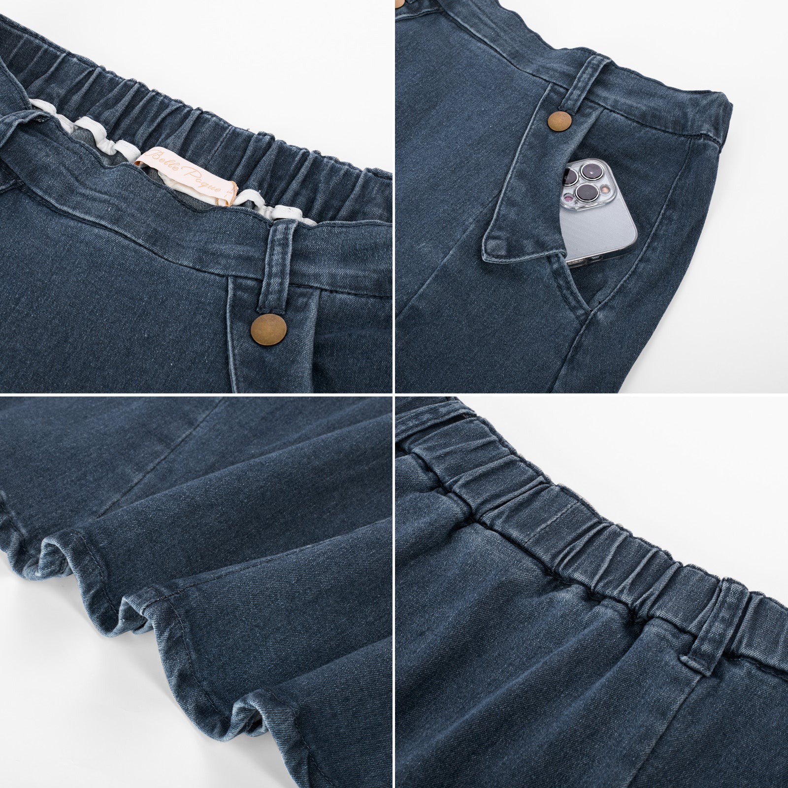 belle poque Denim Skirts Knee Length Vintage Elastic High Waist A-Line Midi Jean Skirts with Pockets