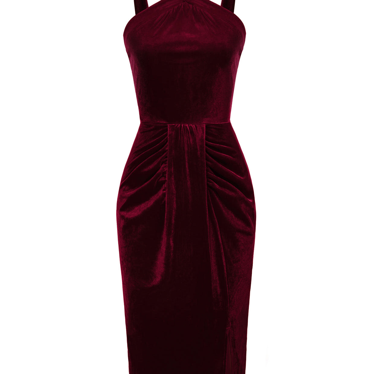 belle poque Vintage Front Slit Velvet Dress Halterneck Ruched Bodycon Dress Wine