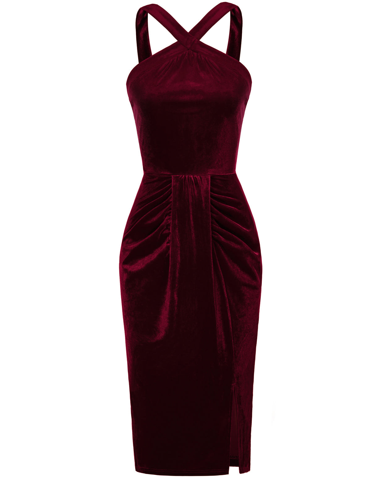 belle poque Vintage Front Slit Velvet Dress Halterneck Ruched Bodycon Dress Wine