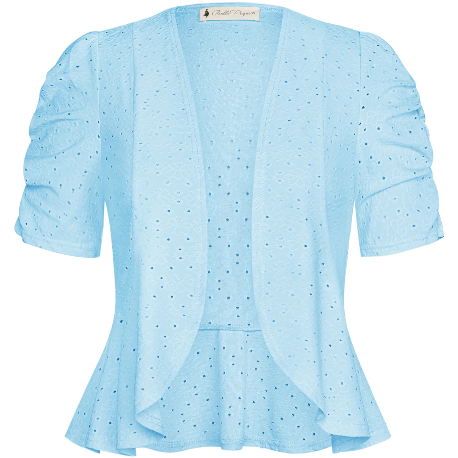 belle poque Women Vintage Hollowed-out Shrug Ruched Short Sleeve Open Front Tops Blue
