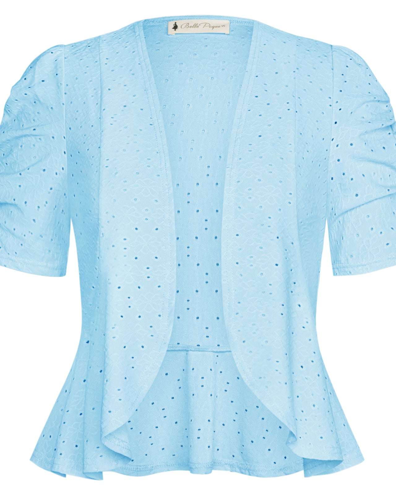 belle poque Women Vintage Hollowed-out Shrug Ruched Short Sleeve Open Front Tops Blue