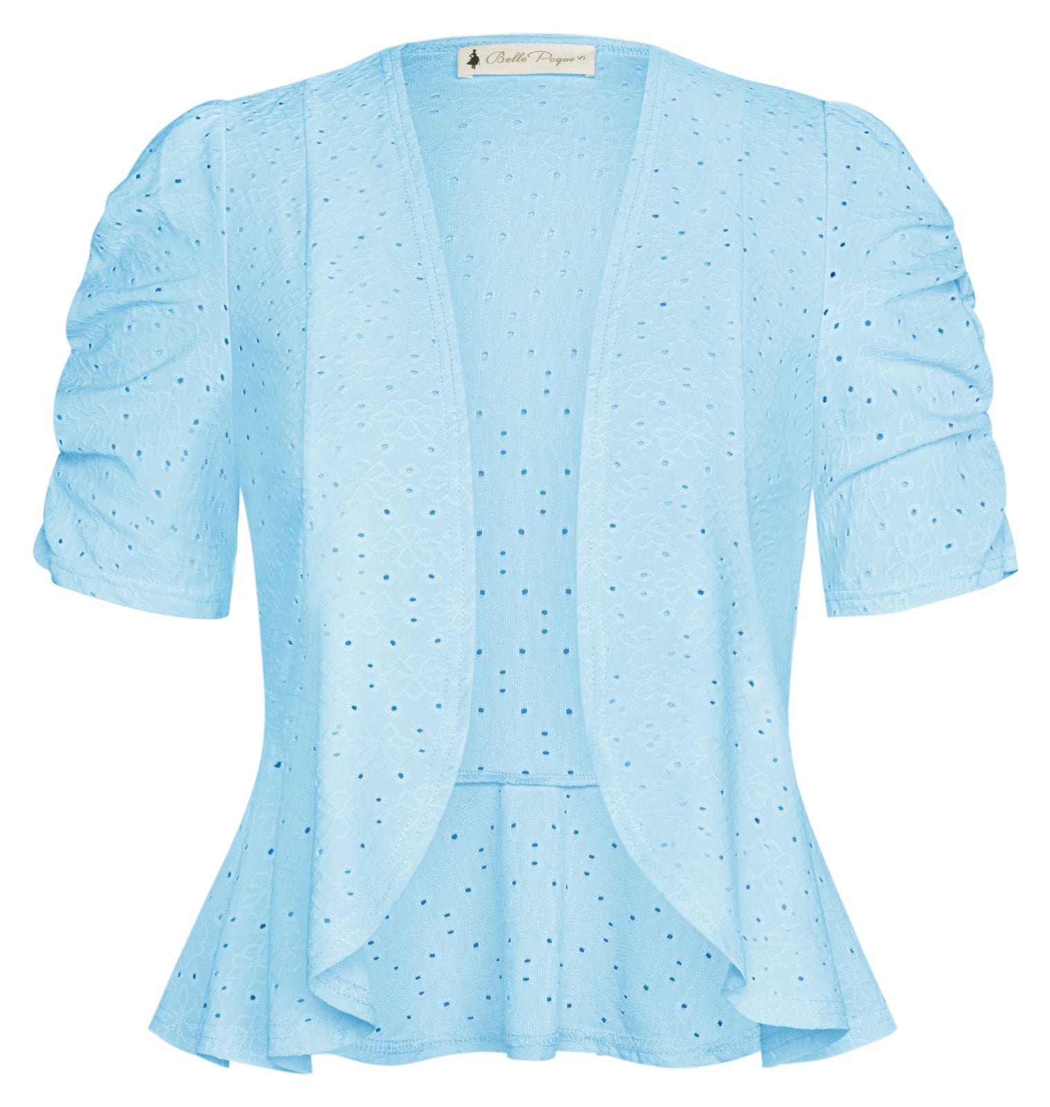 belle poque Women Vintage Hollowed-out Shrug Ruched Short Sleeve Open Front Tops Blue