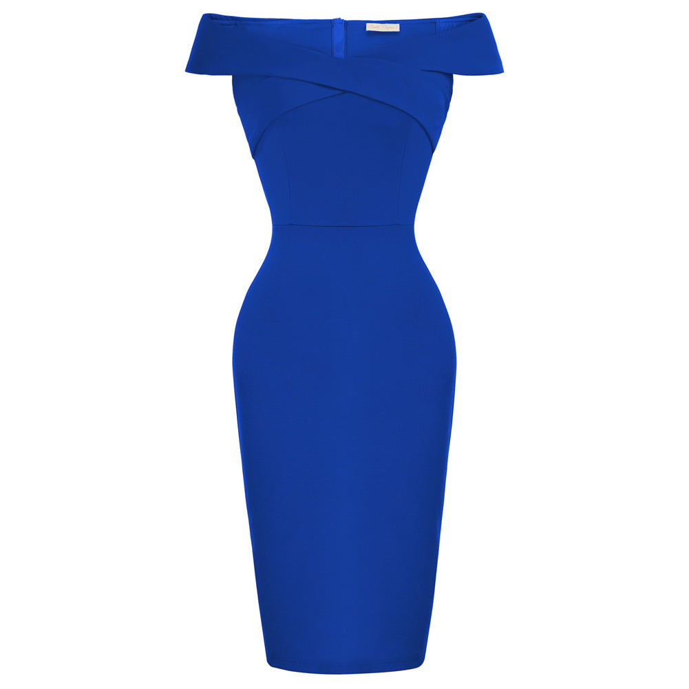 belle poque Seckill Offer⌛Vintage Off Shoulder V Neck Bodycon Pencil Dress Short Sleeve Homecoming Bodycon Dress Work Cocktail Royal Blue