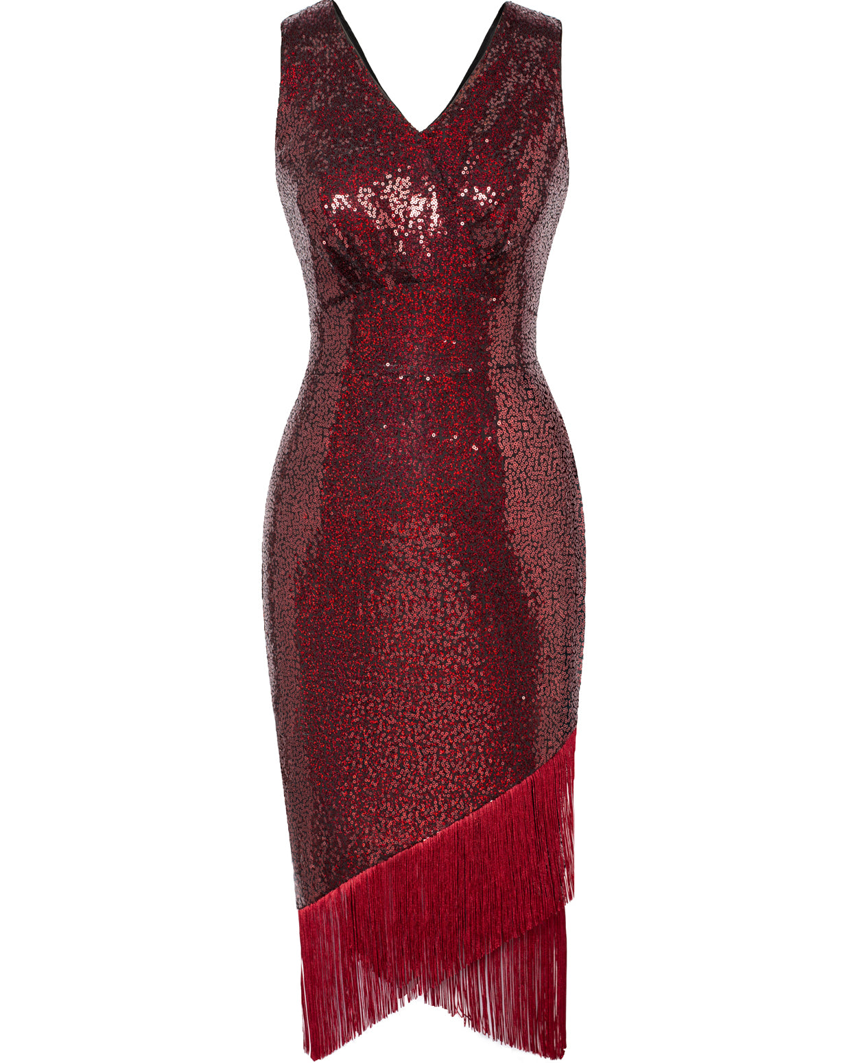 belle poque Seckill Offer⌛Sequined Sleeveless V-Neck Tassel Decorated Wrap Hem Party Dress Red