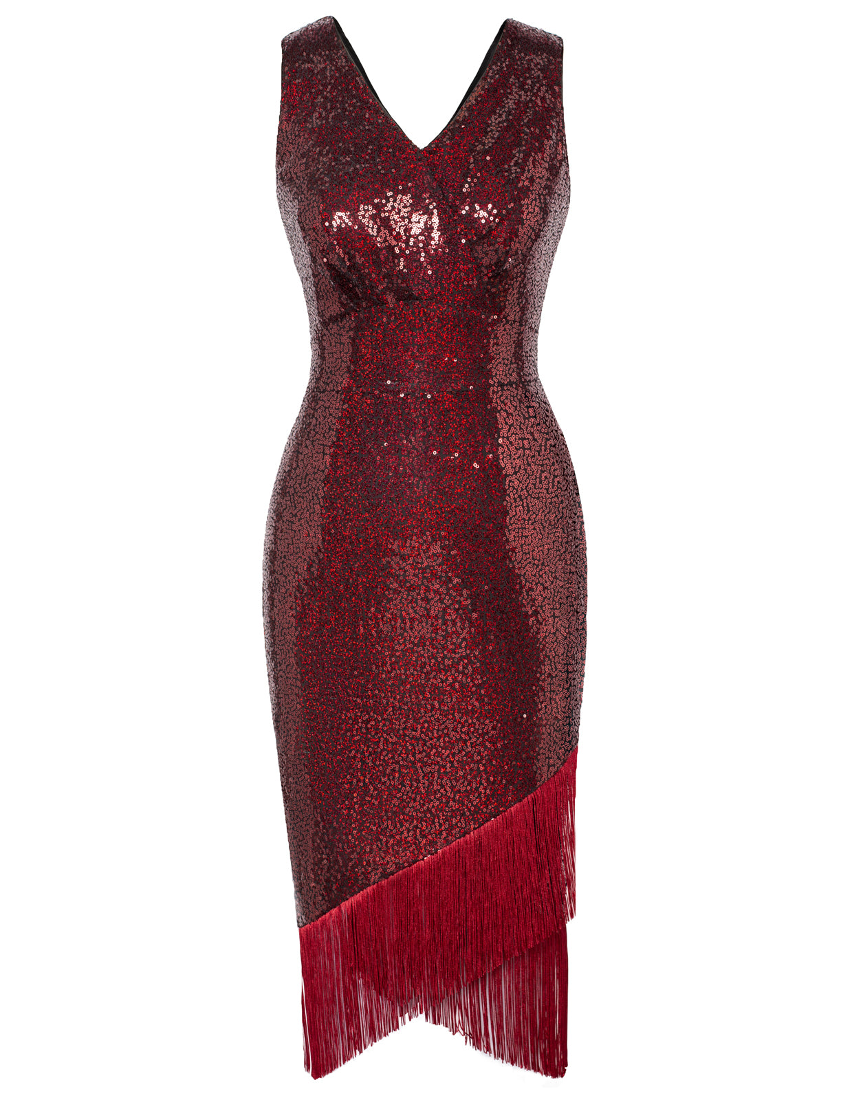 belle poque Seckill Offer⌛Sequined Sleeveless V-Neck Tassel Decorated Wrap Hem Party Dress Red