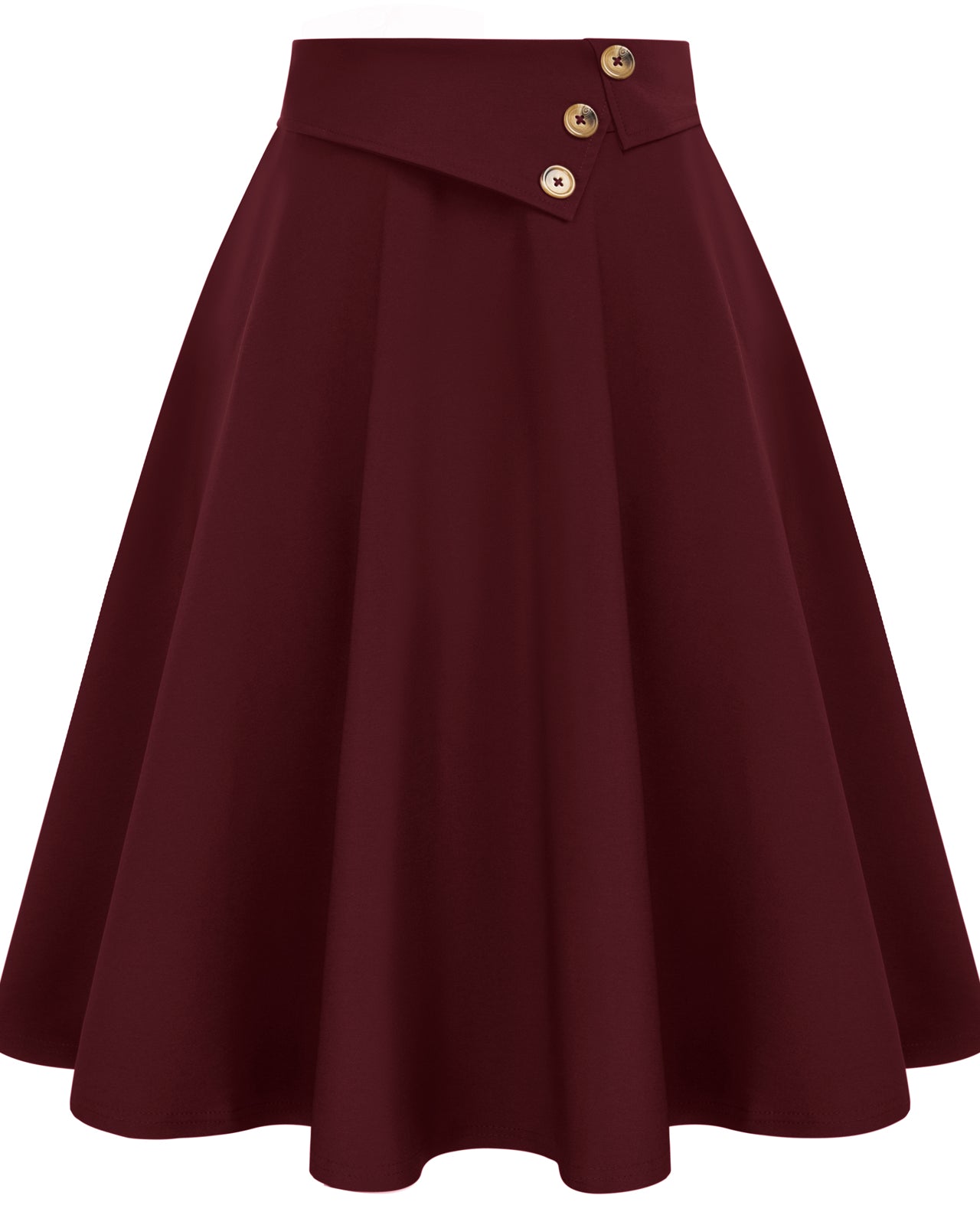 belle poque Vintage A-Line Skirt High Waisted Midi Skirt with Pockets & Buttons Wine