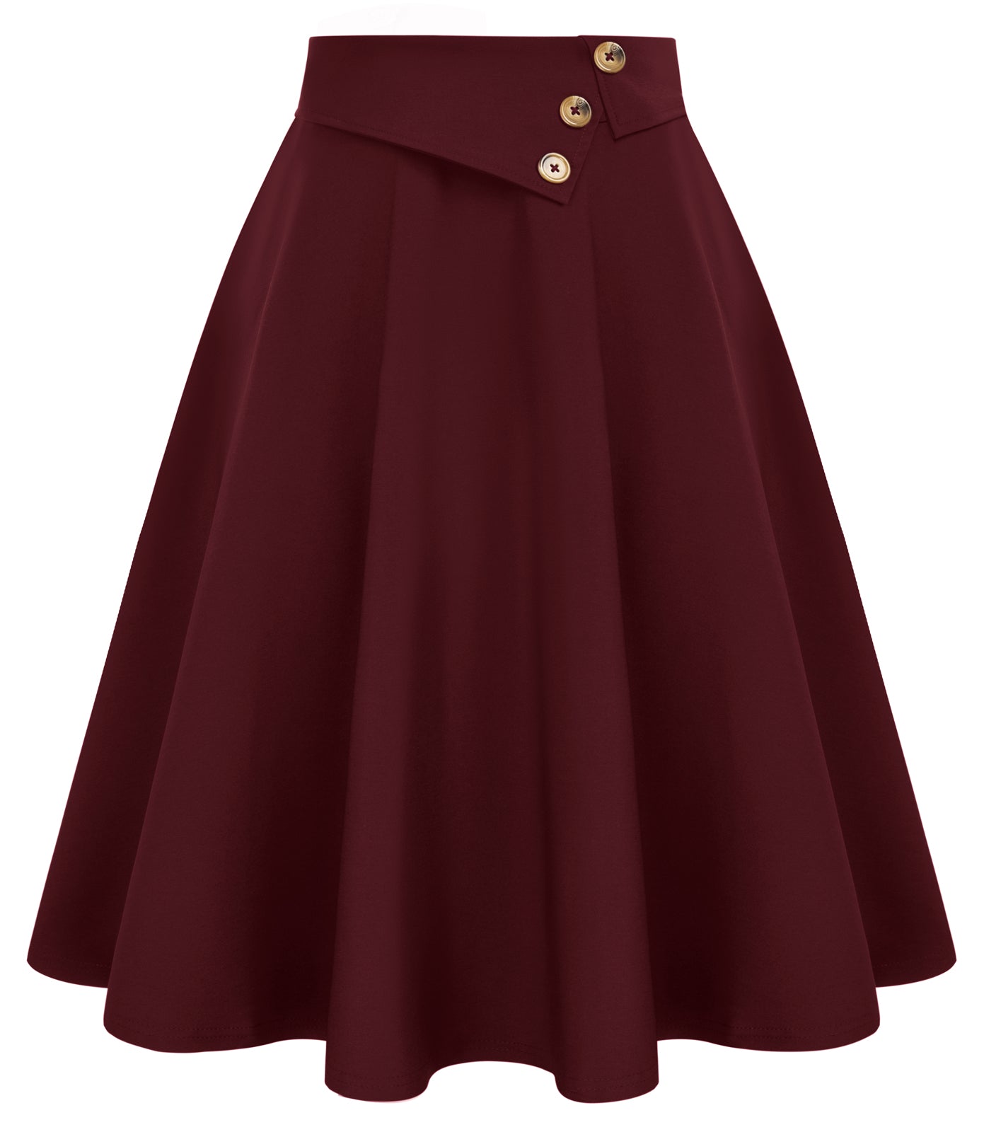 belle poque Vintage A-Line Skirt High Waisted Midi Skirt with Pockets & Buttons Wine