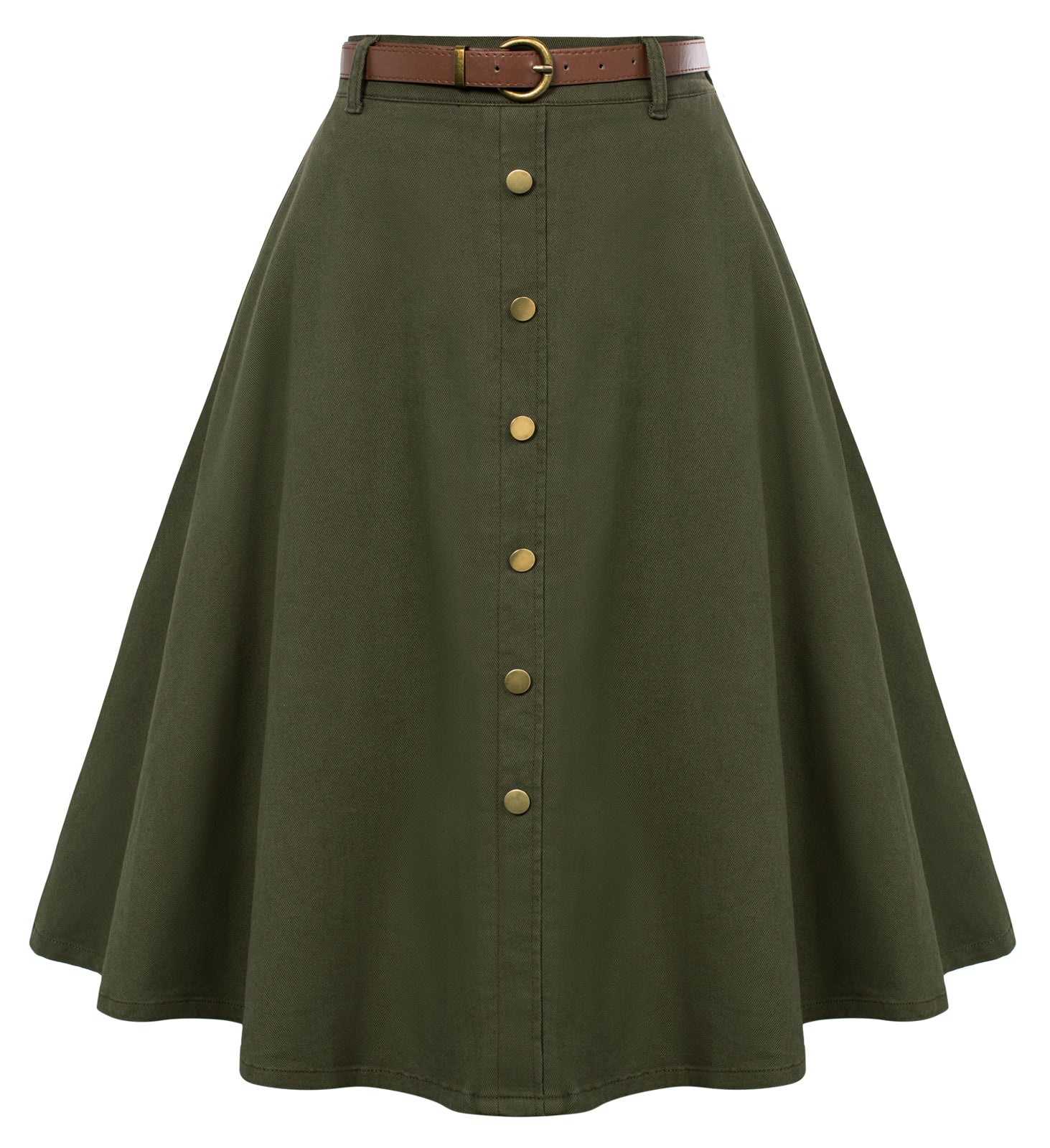 belle poque Jean Skirt with Belt Elastic High Waist A-Line Midi Skirt Green