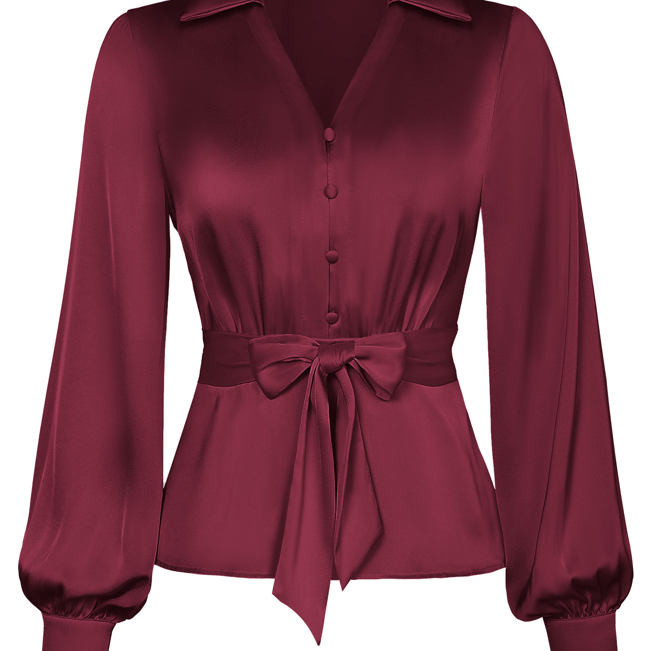 belle poque Vintage Elastic Waist Blouse Long Sleeve Lapel V-Neck Pullover Tops Red