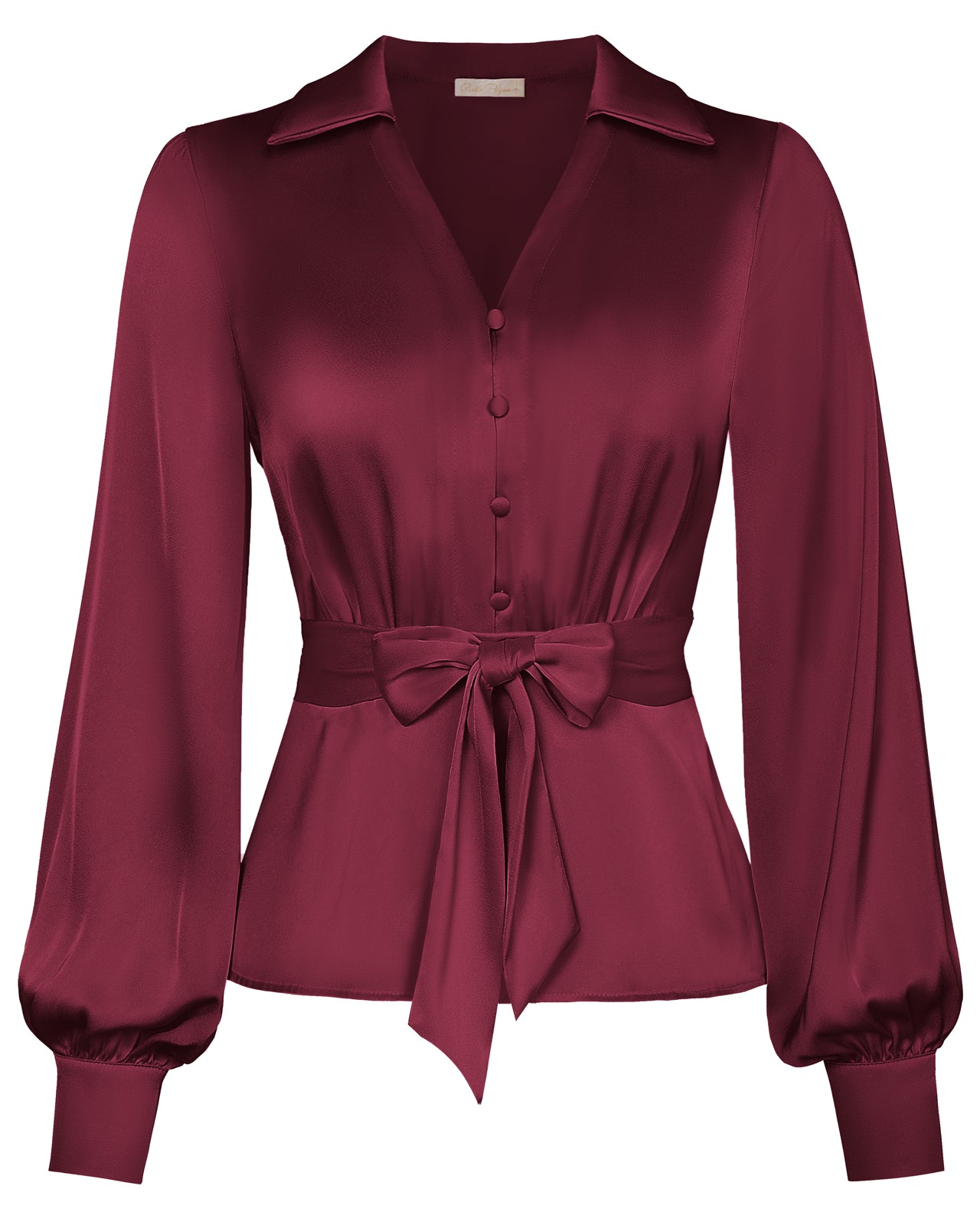belle poque Vintage Elastic Waist Blouse Long Sleeve Lapel V-Neck Pullover Tops Red