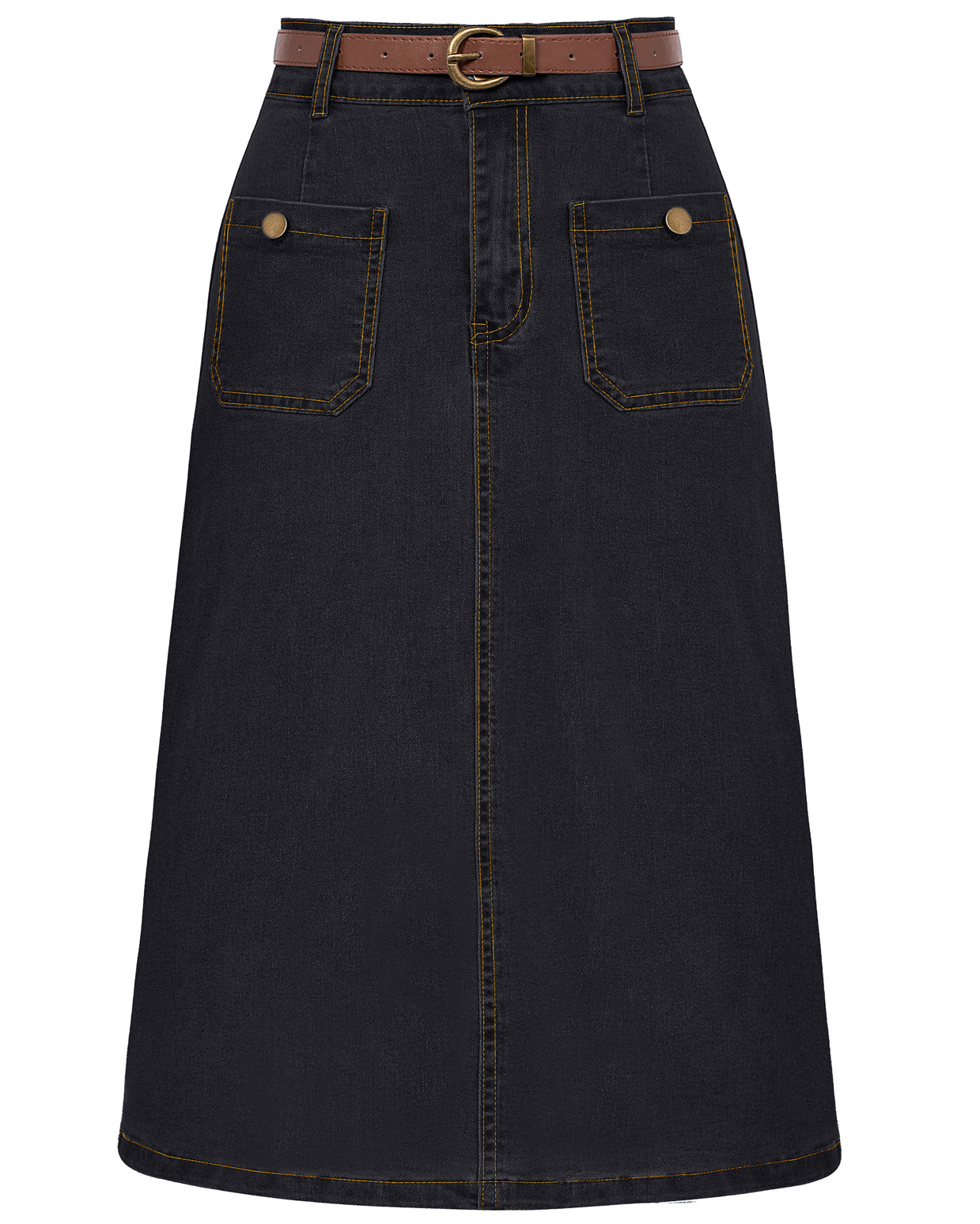 belle poque Denim Skirt with Belt Knee Length High Waisted Jean Skirts for Women Black