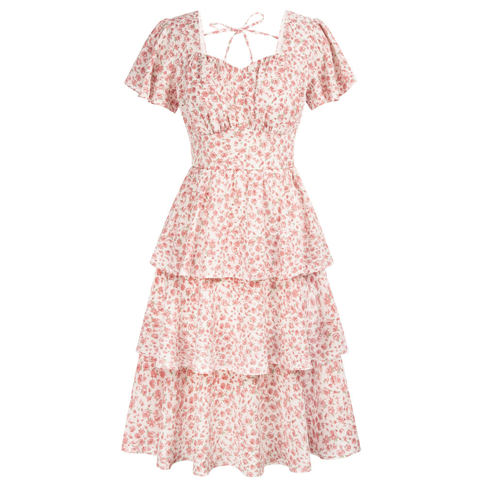 belle poque Vintage Dress 2026 Summer Layered Tiered Ruffle Swing Midi Dress Floral