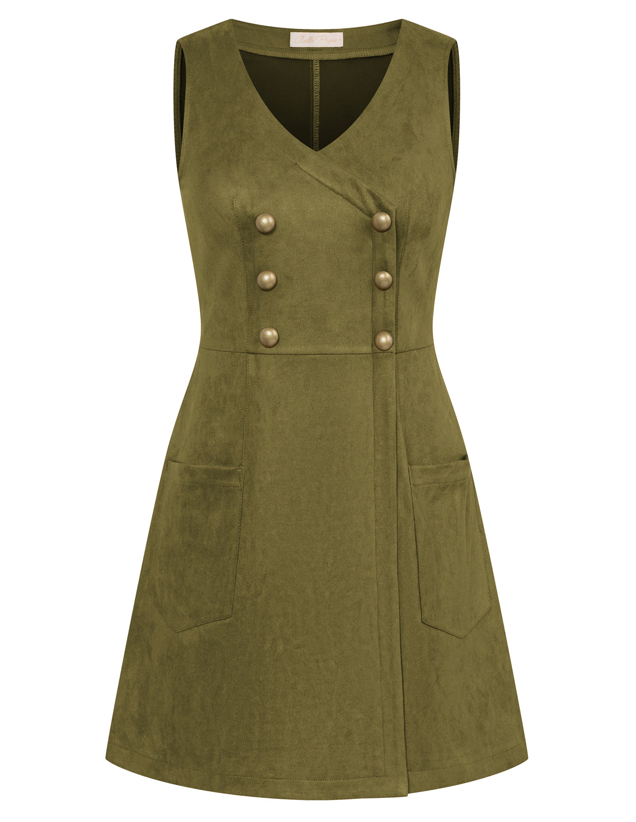 belle poque Vintage Faux Suede Dress Sleeveless V-Neck Elastic Waist A-Line Dress Green