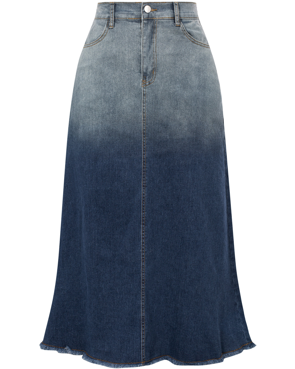 belle poque Multi-Pocket Jean Skirt Elastic High Waist Raw Hem Midi A-Line Skirt